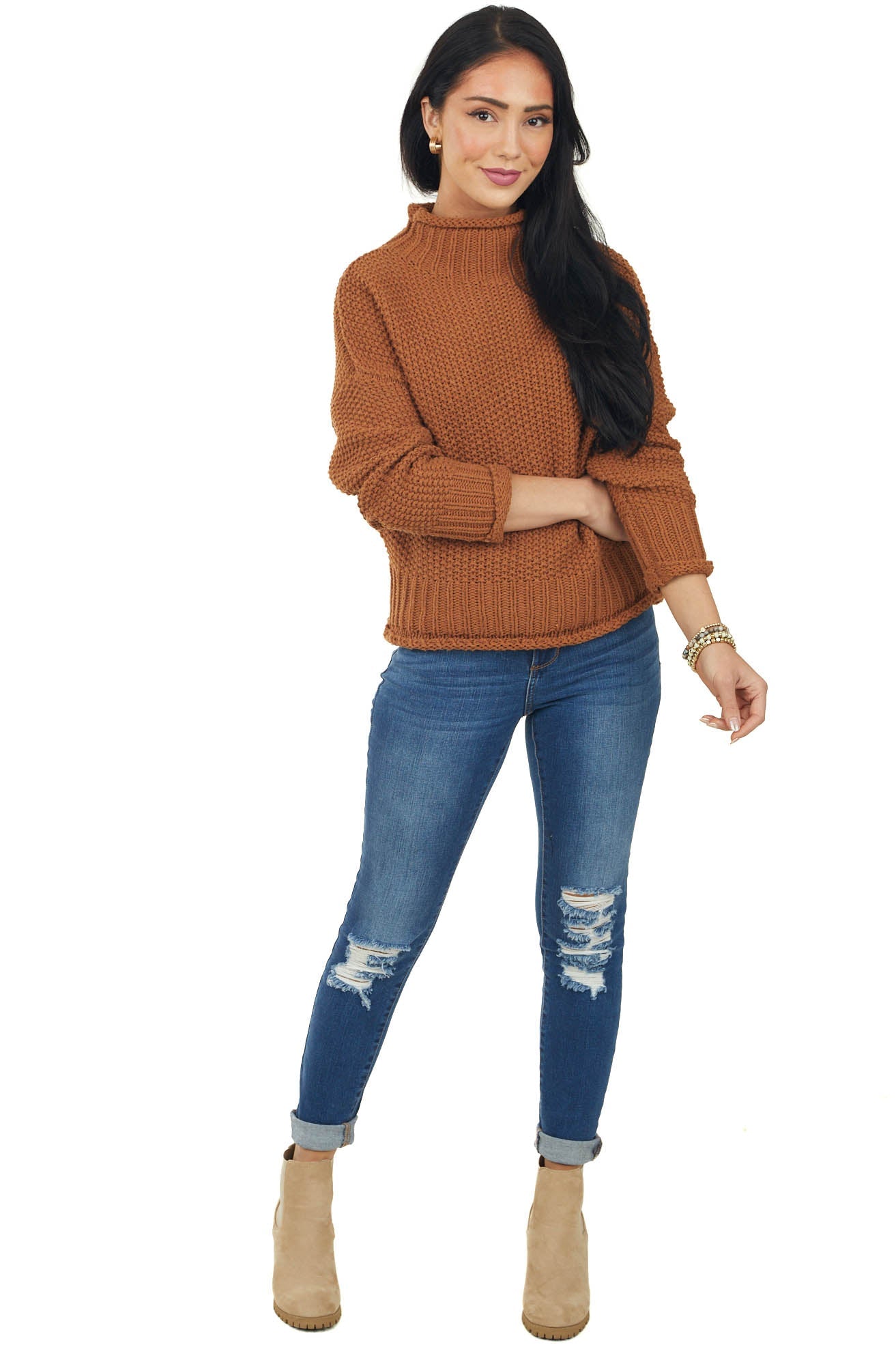 Cognac Mock Neck Rolled Hem Chunky Sweater