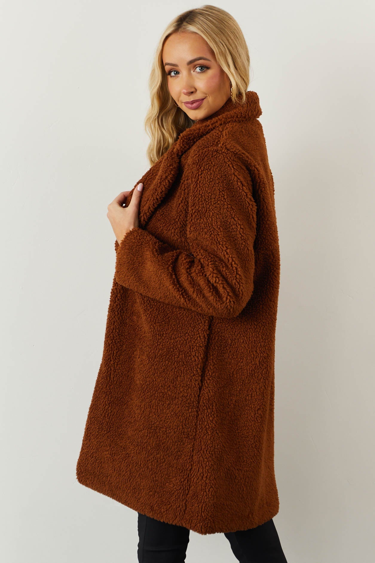 Cognac Open Front Soft Teddy Coat