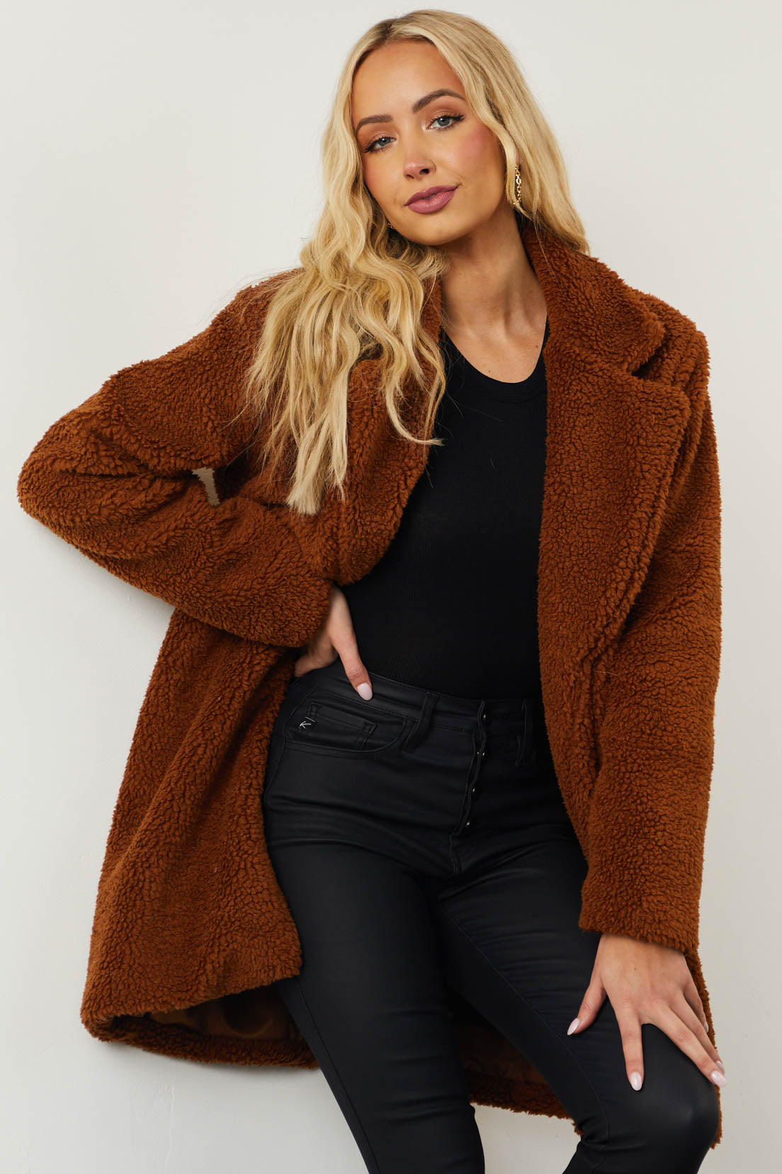 Cognac Open Front Soft Teddy Coat