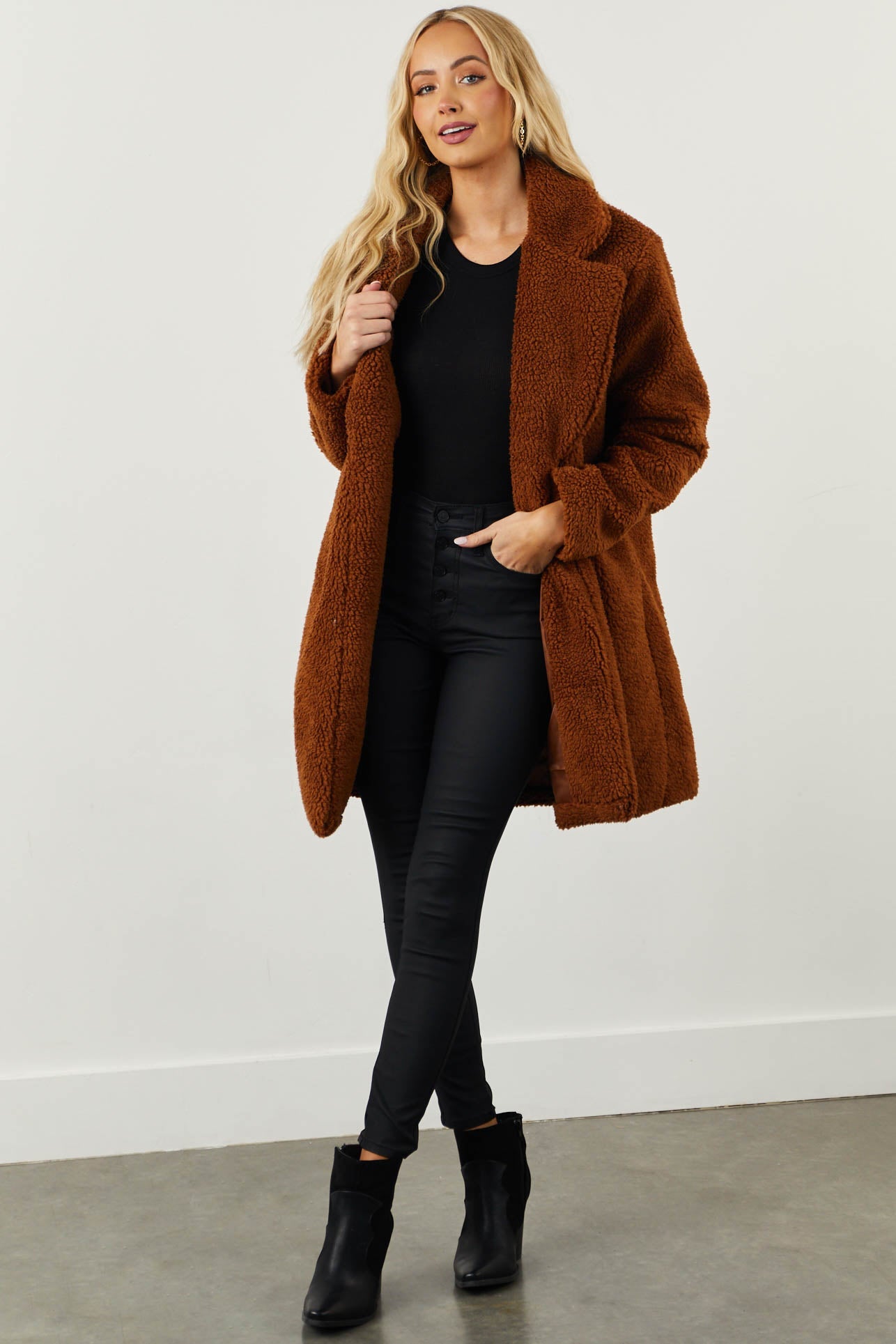 Cognac Open Front Soft Teddy Coat