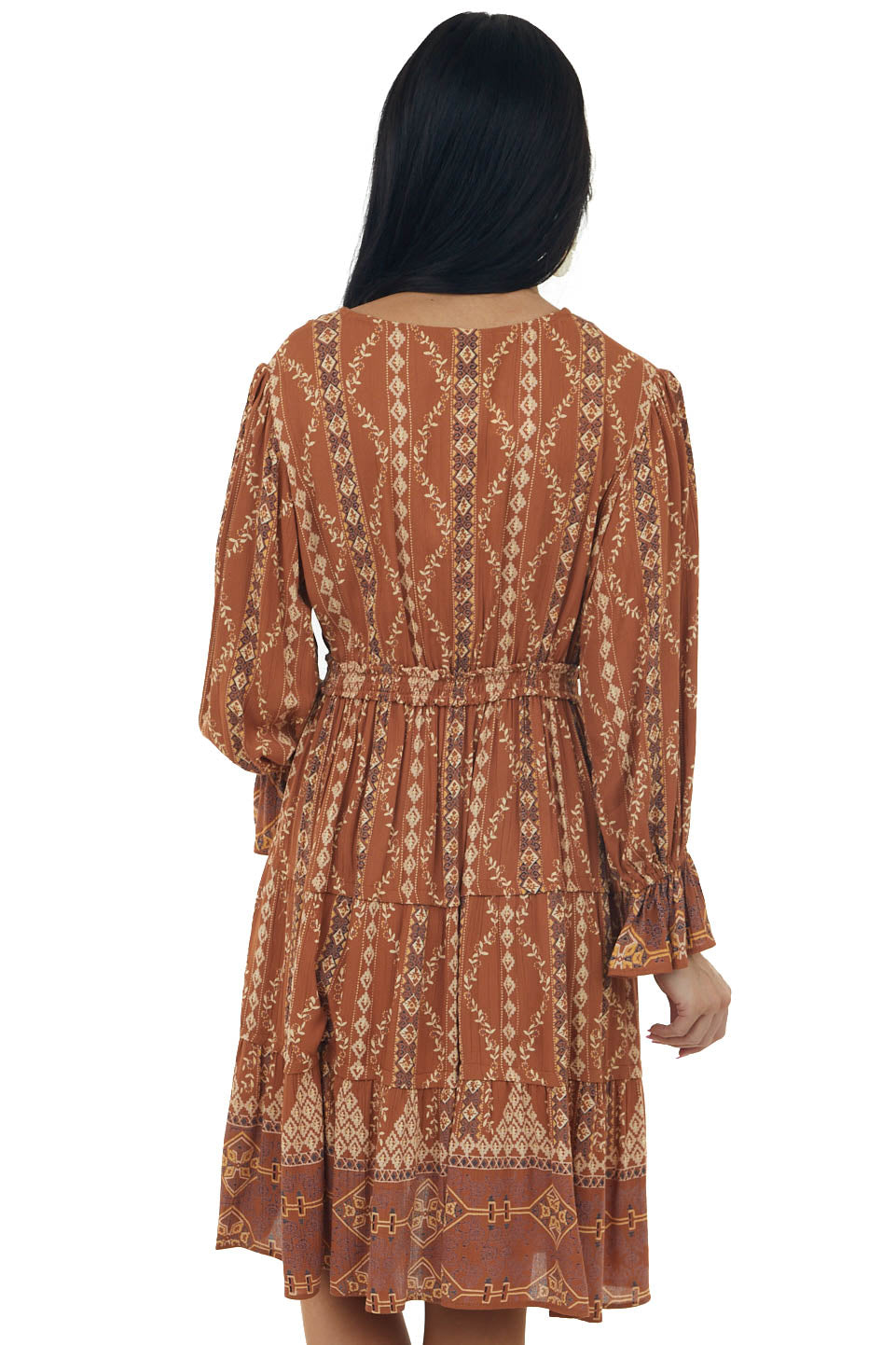 Cognac Printed Notch Neck Tiered Short Dress