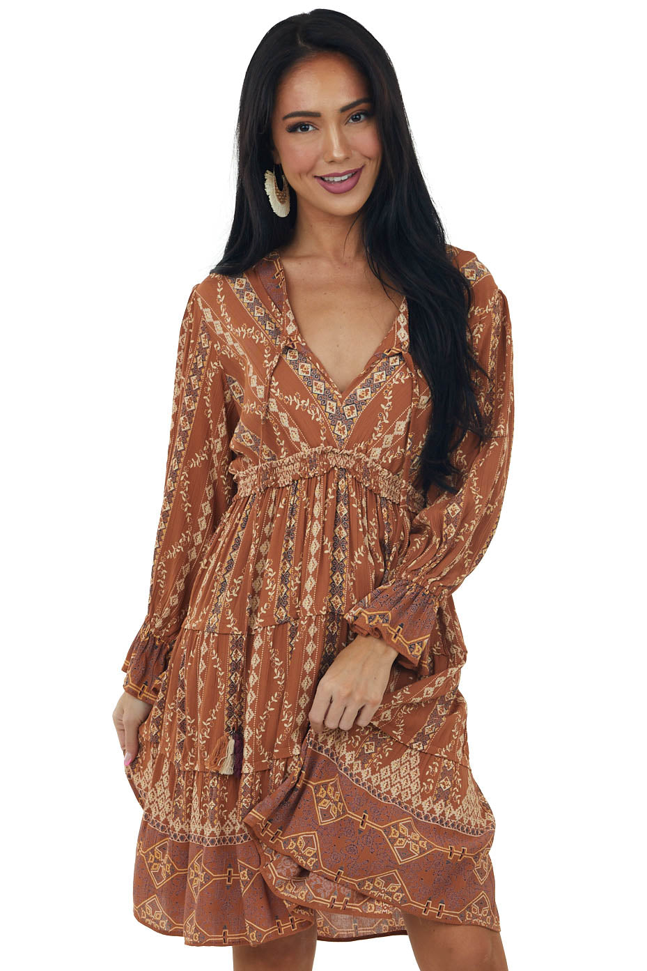 Cognac Printed Notch Neck Tiered Short Dress