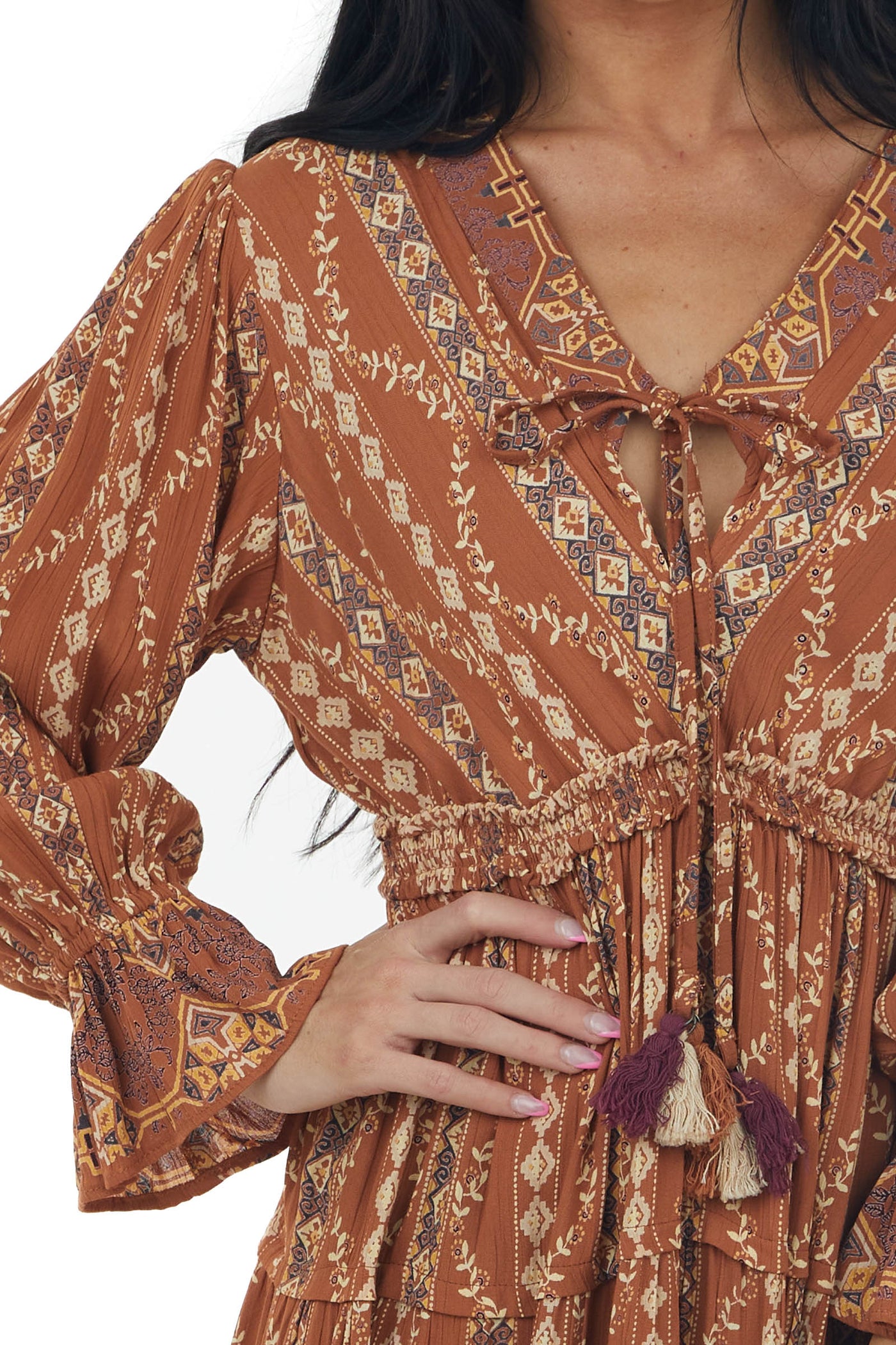 Cognac Printed Notch Neck Tiered Short Dress