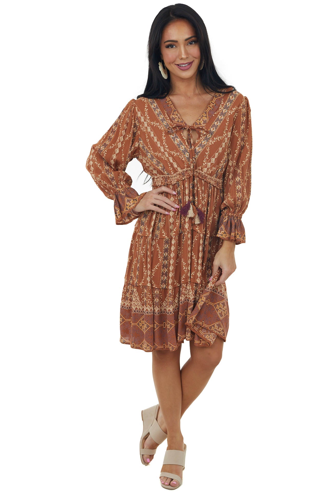 Cognac Printed Notch Neck Tiered Short Dress