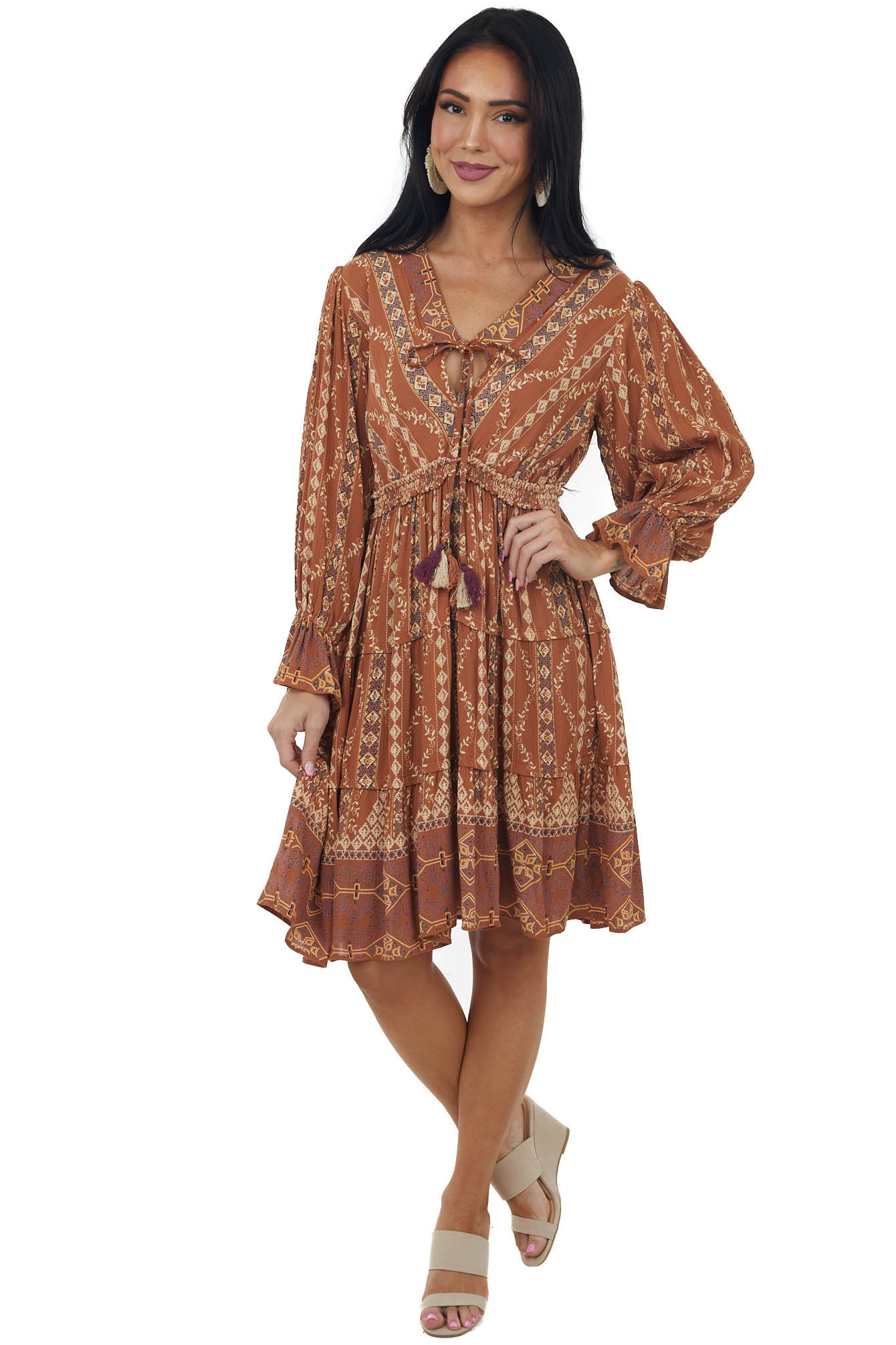 Cognac Printed Notch Neck Tiered Short Dress