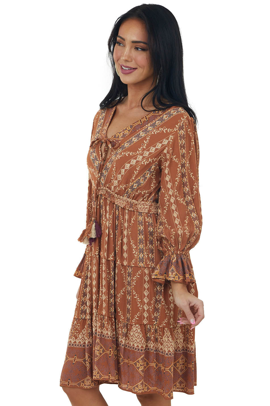 Cognac Printed Notch Neck Tiered Short Dress