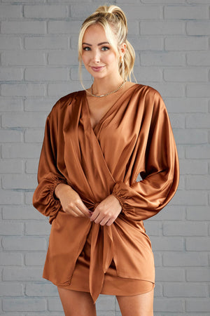 Cognac Puff Sleeve Faux Wrap Satin Mini Dress