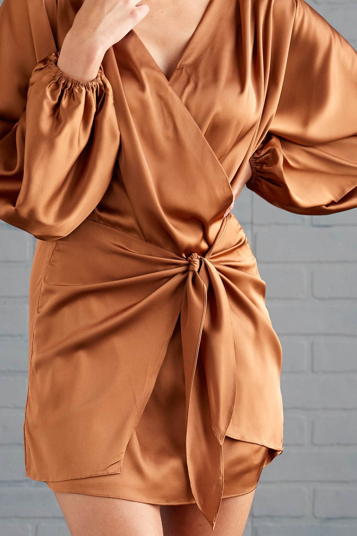Cognac Puff Sleeve Faux Wrap Satin Mini Dress