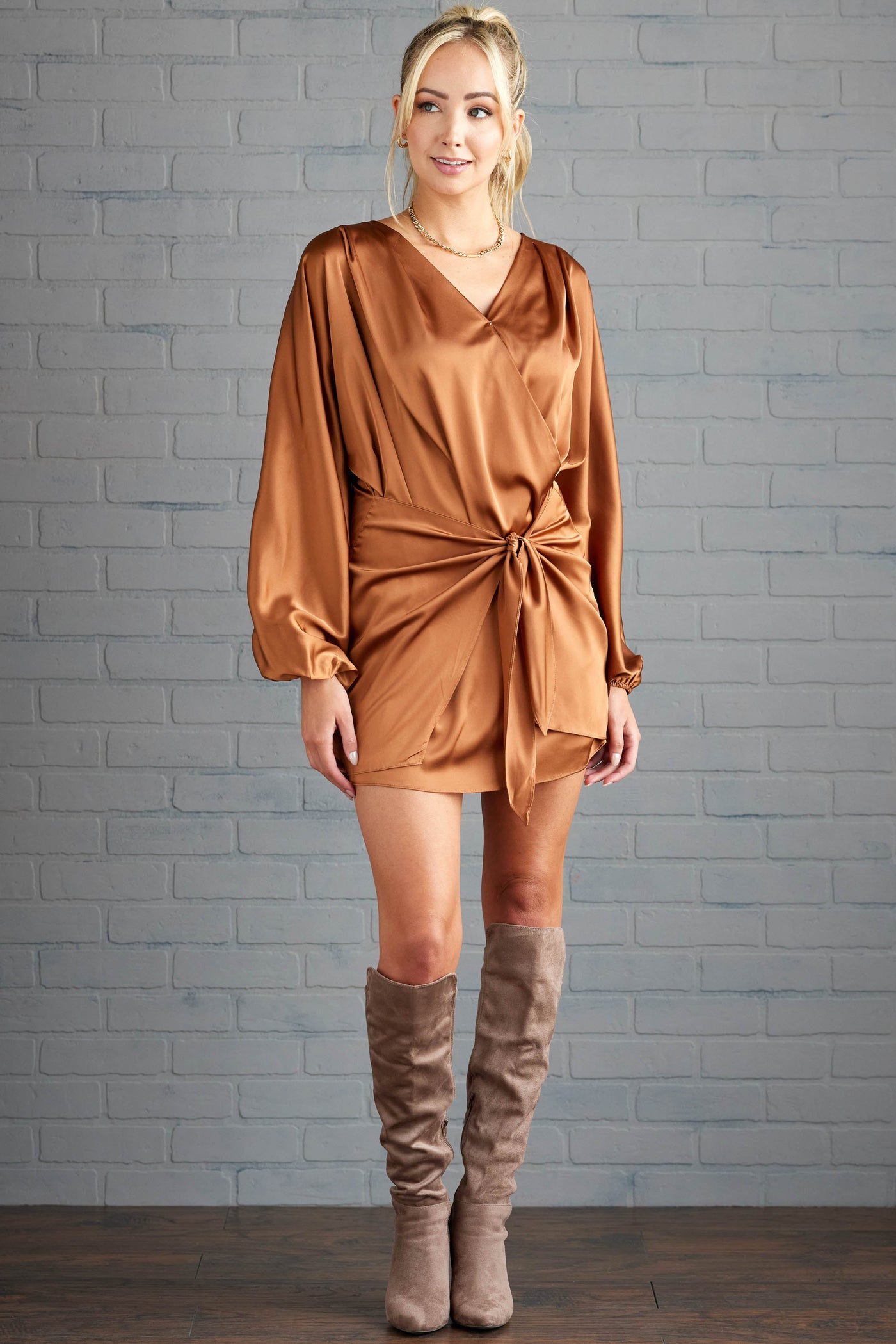 Cognac Puff Sleeve Faux Wrap Satin Mini Dress