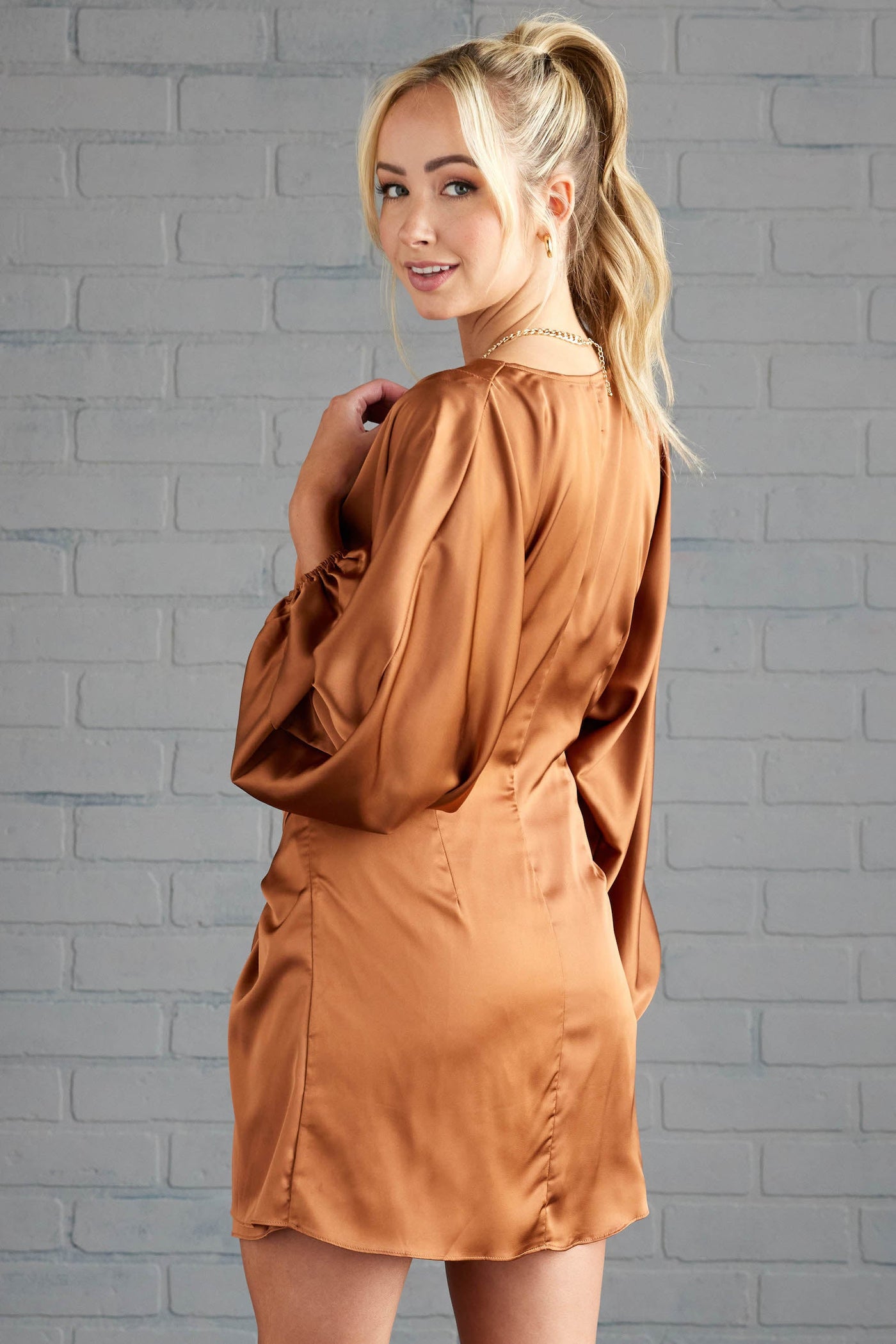 Cognac Puff Sleeve Faux Wrap Satin Mini Dress
