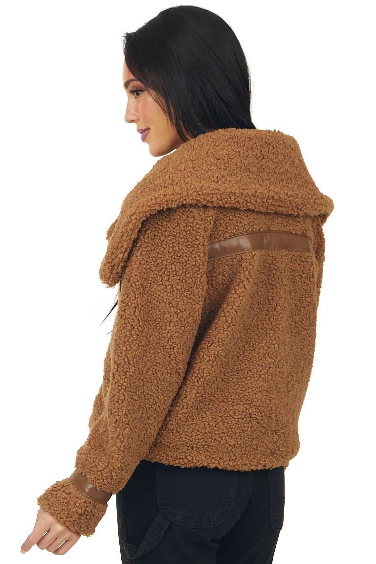 Cognac Sherpa Jacket with Faux Leather Detail