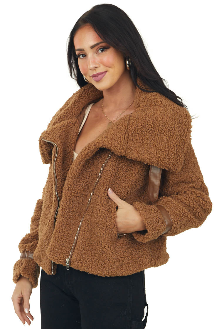 Cognac Sherpa Jacket with Faux Leather Detail