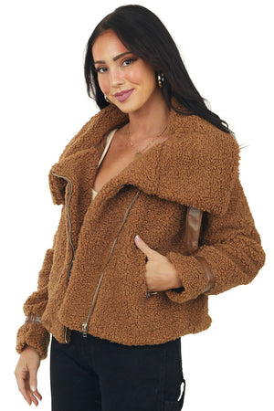 Cognac Sherpa Jacket with Faux Leather Detail