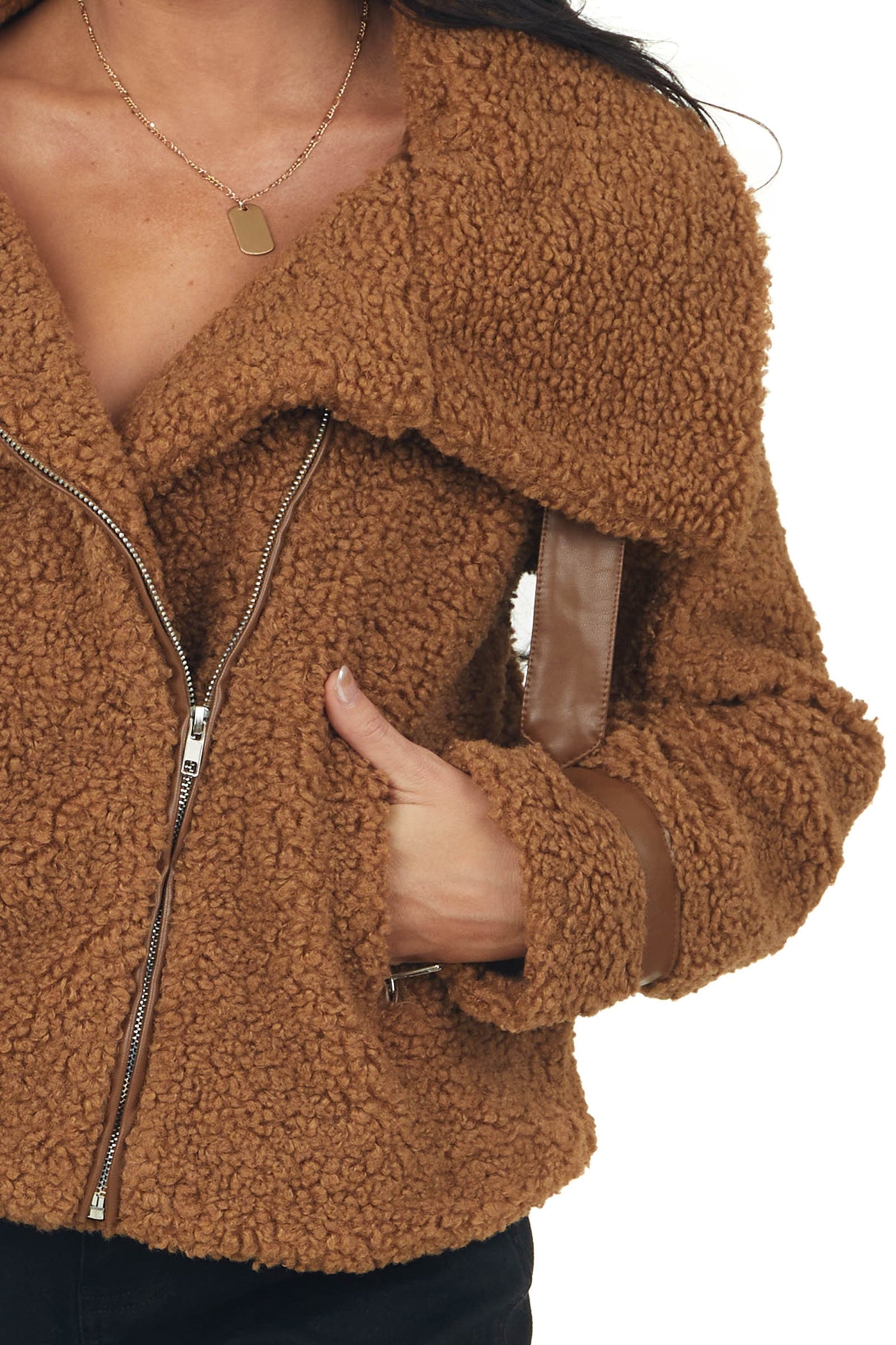 Cognac Sherpa Jacket with Faux Leather Detail