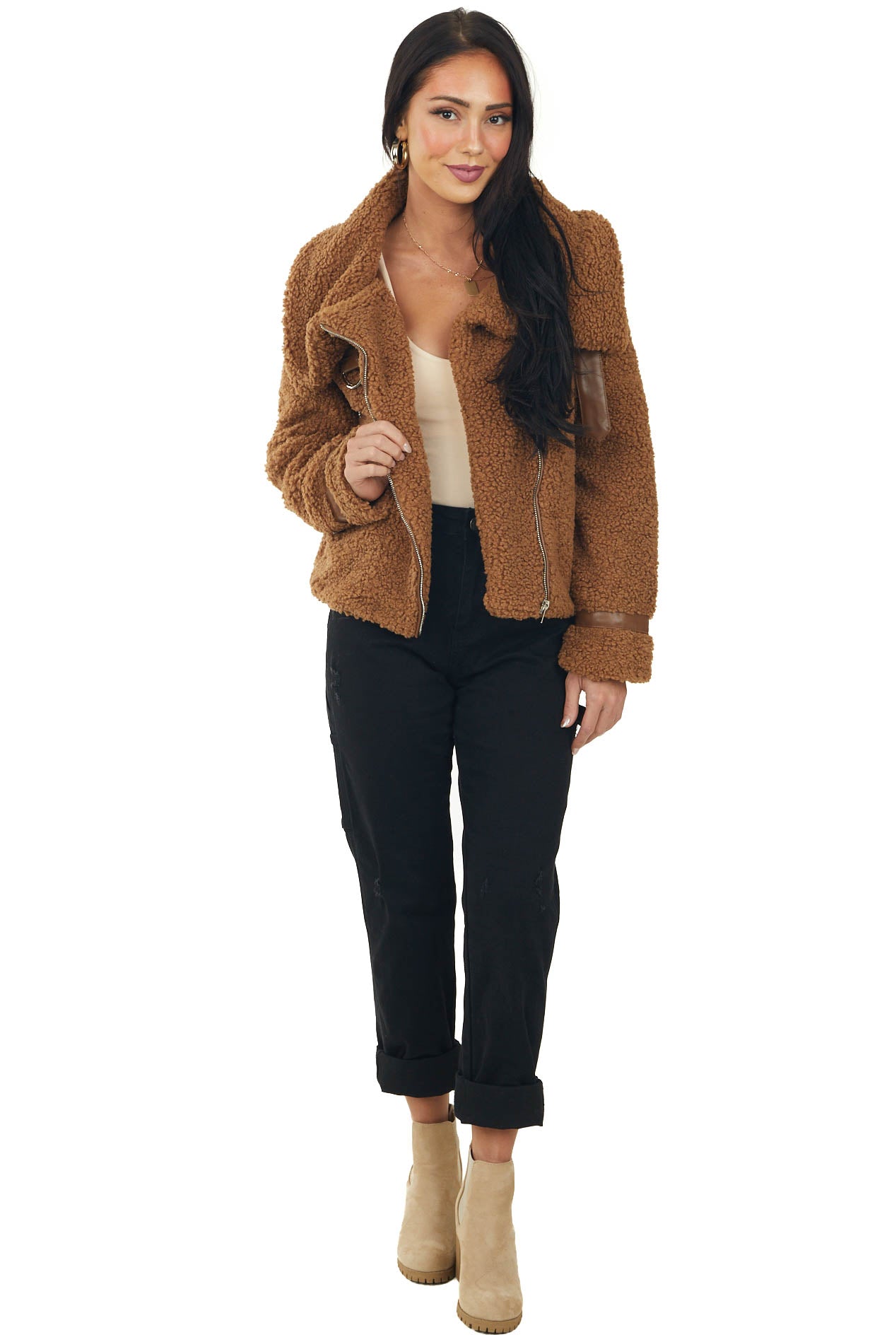 Cognac Sherpa Jacket with Faux Leather Detail