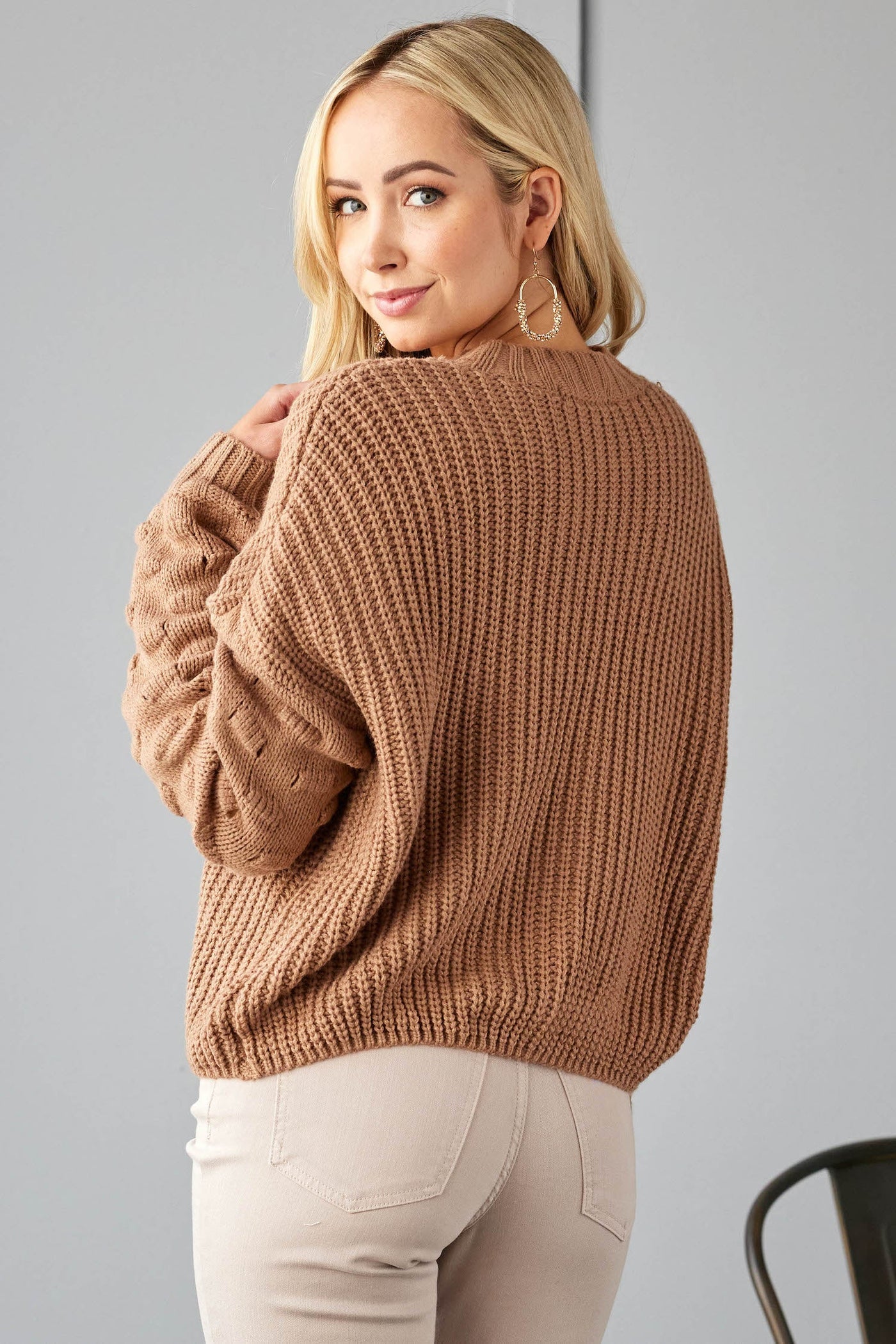 Cognac Textured Bubble Sleeve Knit Sweater