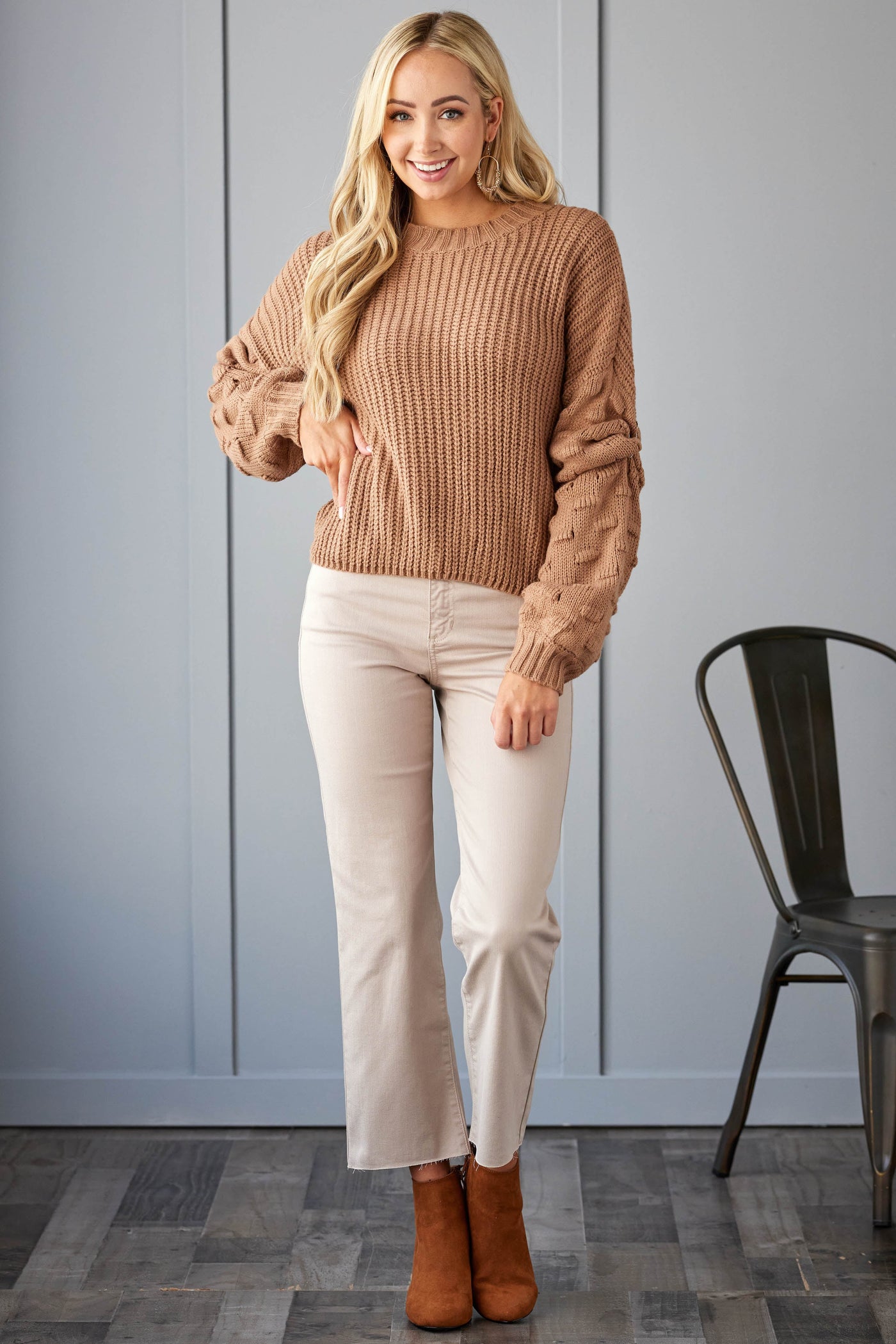 Cognac Textured Bubble Sleeve Knit Sweater