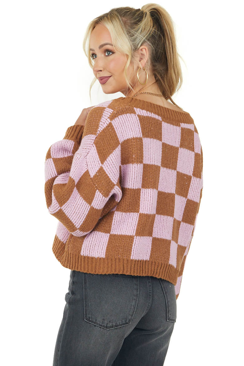 Cognac and Carnation Checkered V Neck Sweater