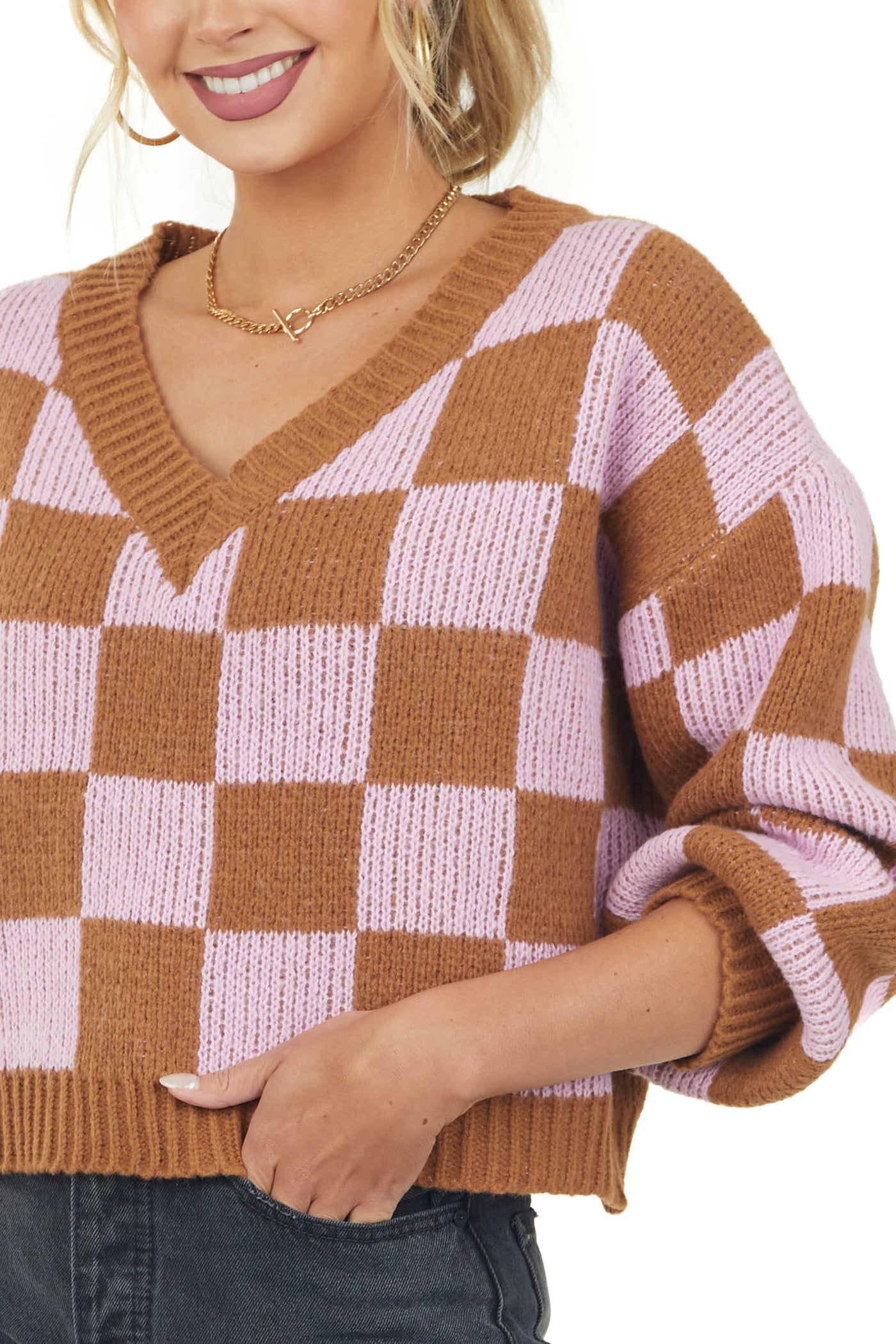 Cognac and Carnation Checkered V Neck Sweater