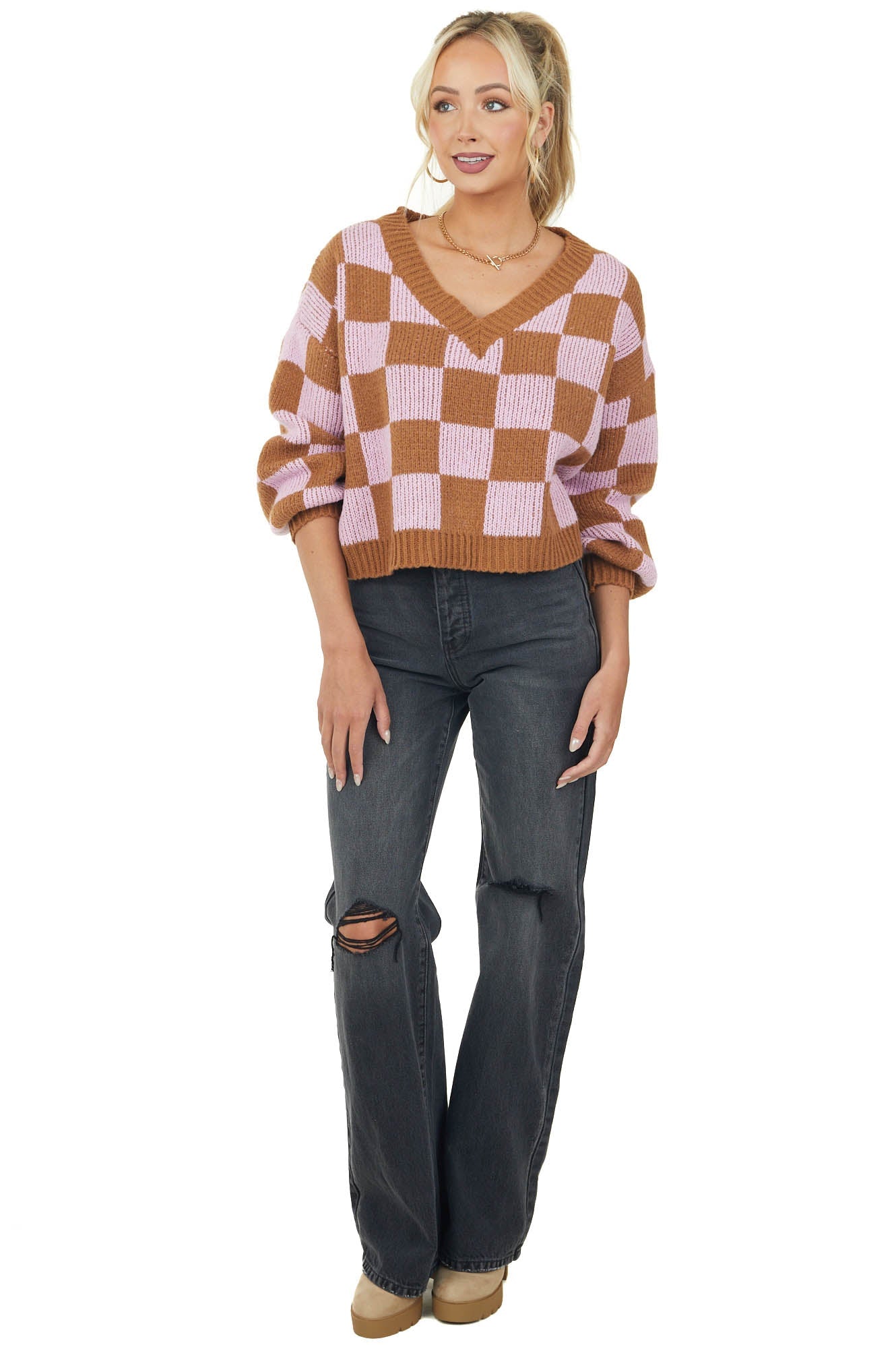 Cognac and Carnation Checkered V Neck Sweater