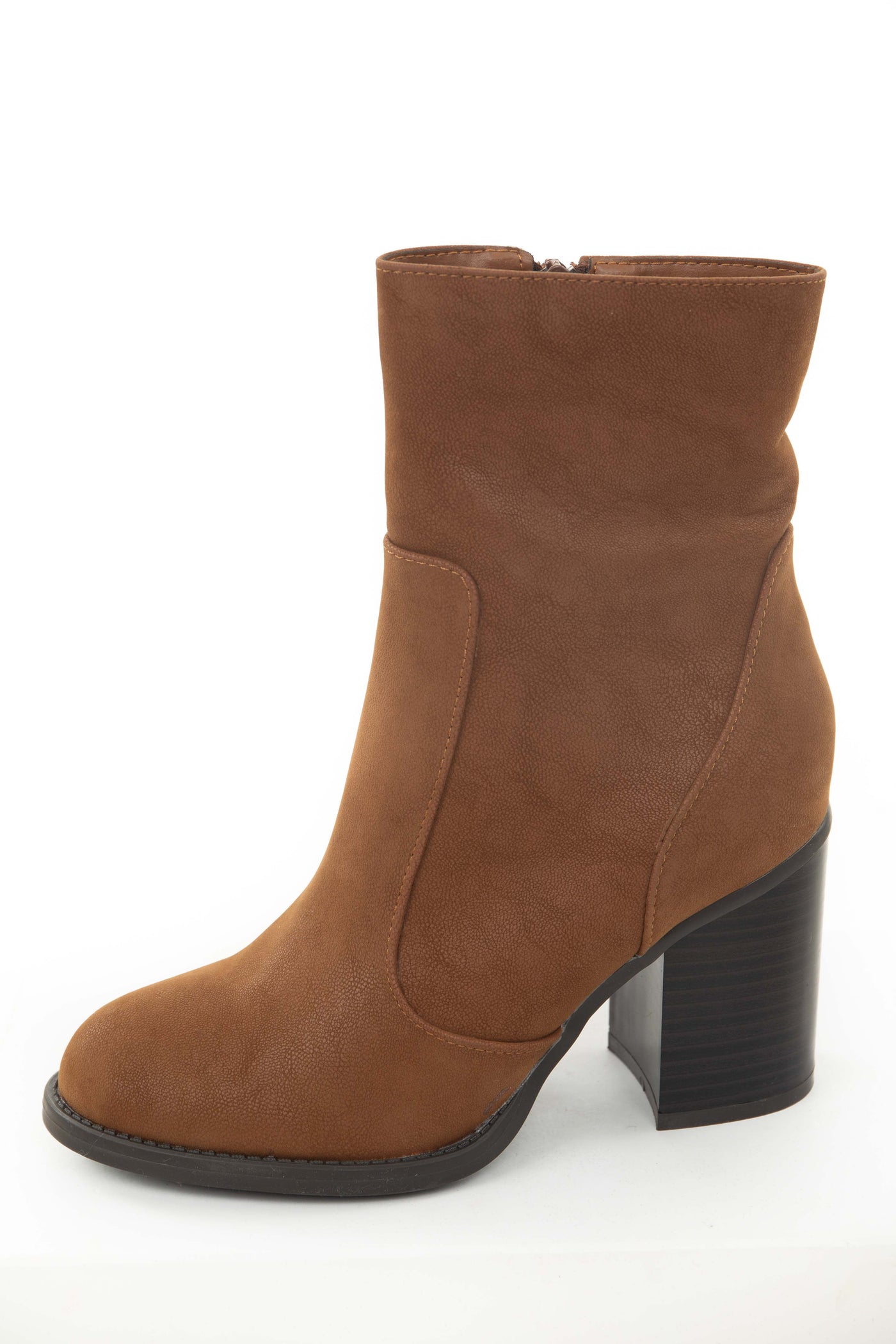 Cognac Block Heel Rounded Toe Mid Calf Boots