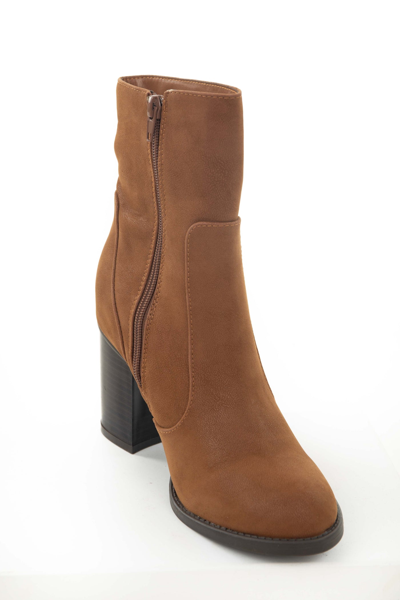 Cognac Block Heel Rounded Toe Mid Calf Boots
