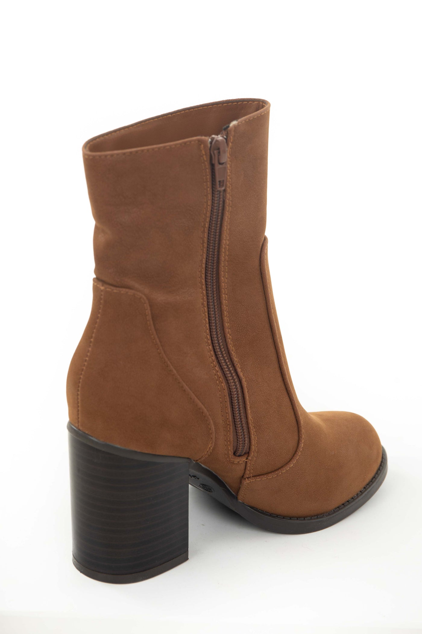 Cognac Block Heel Rounded Toe Mid Calf Boots