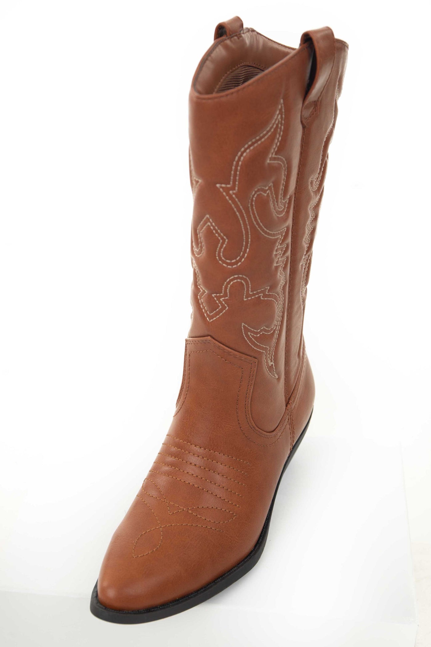 Cognac Faux Leather Embroidered Western Boots