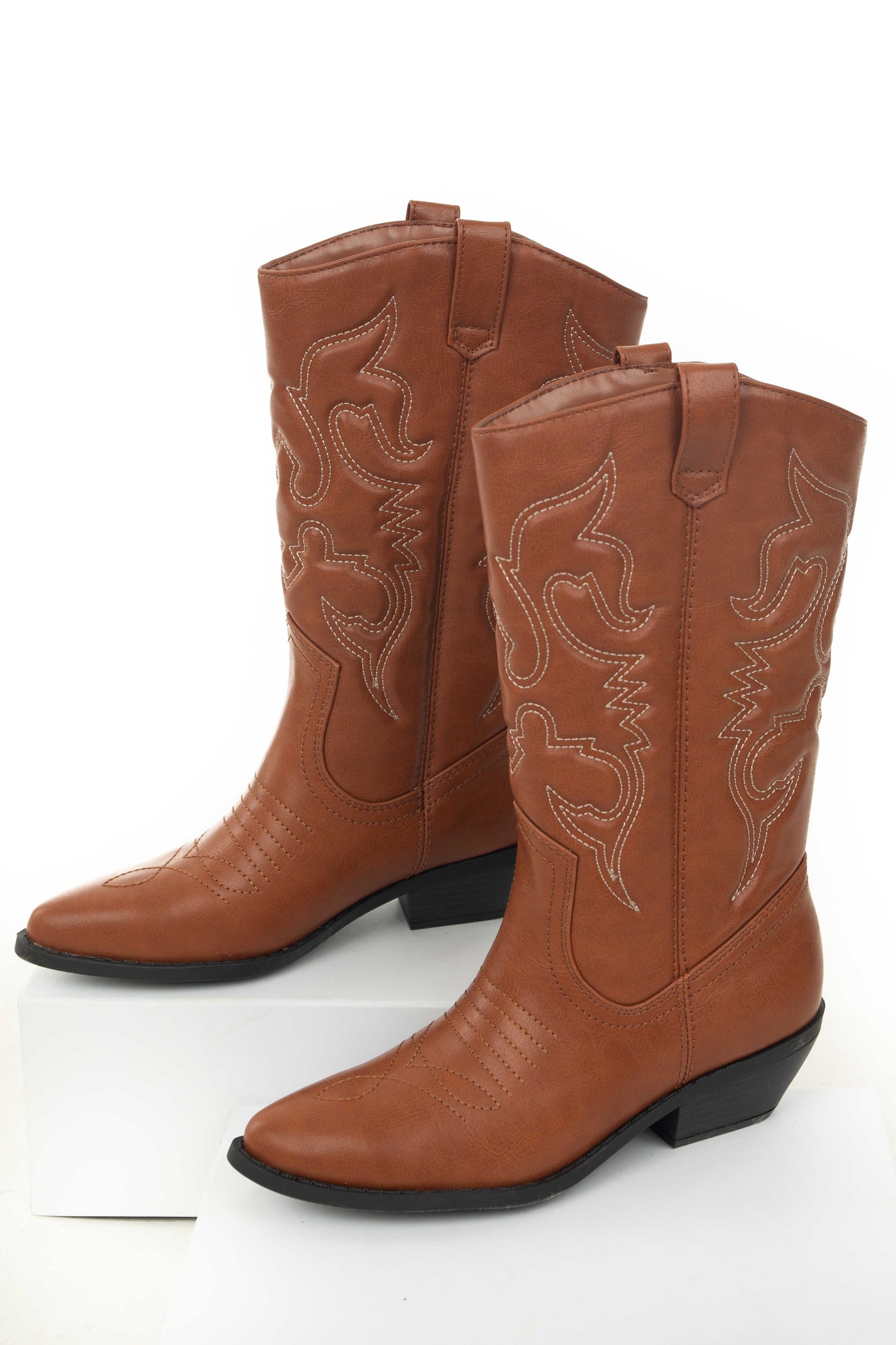 Cognac Faux Leather Embroidered Western Boots