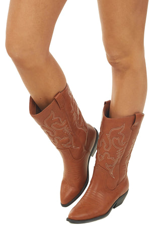 Cognac Faux Leather Embroidered Western Boots
