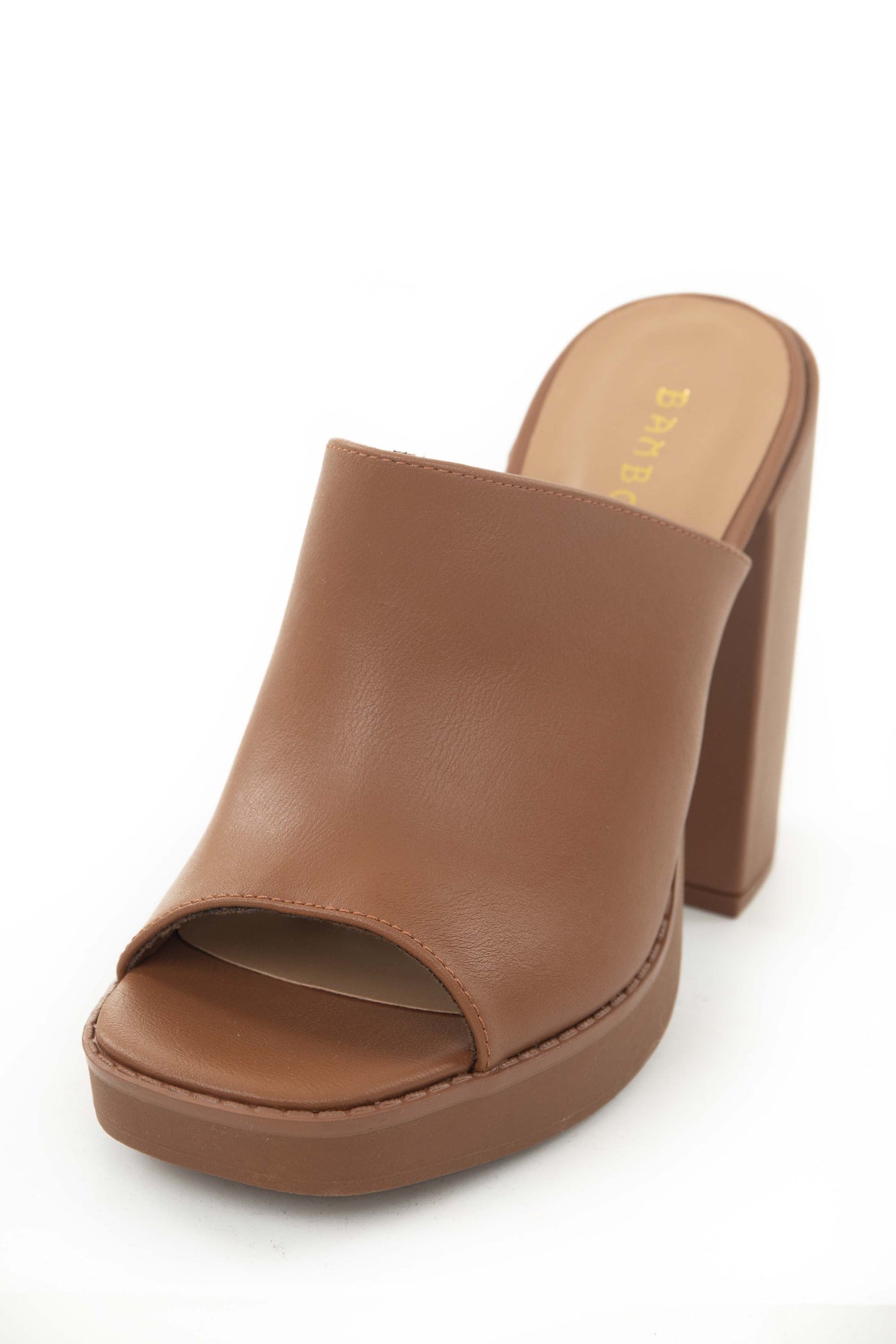 Cognac Faux Leather High Heel Platform Mules