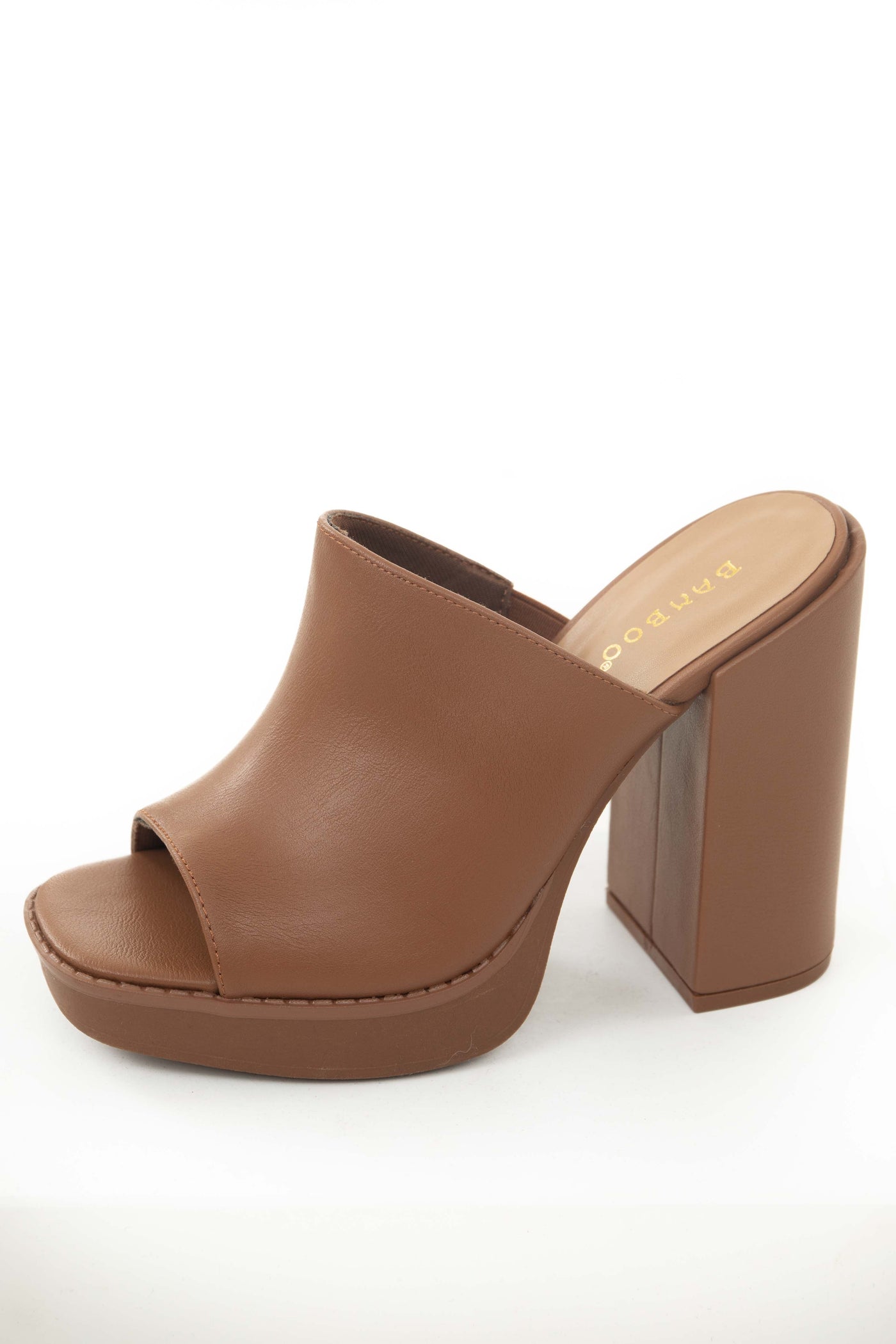 Cognac Faux Leather High Heel Platform Mules