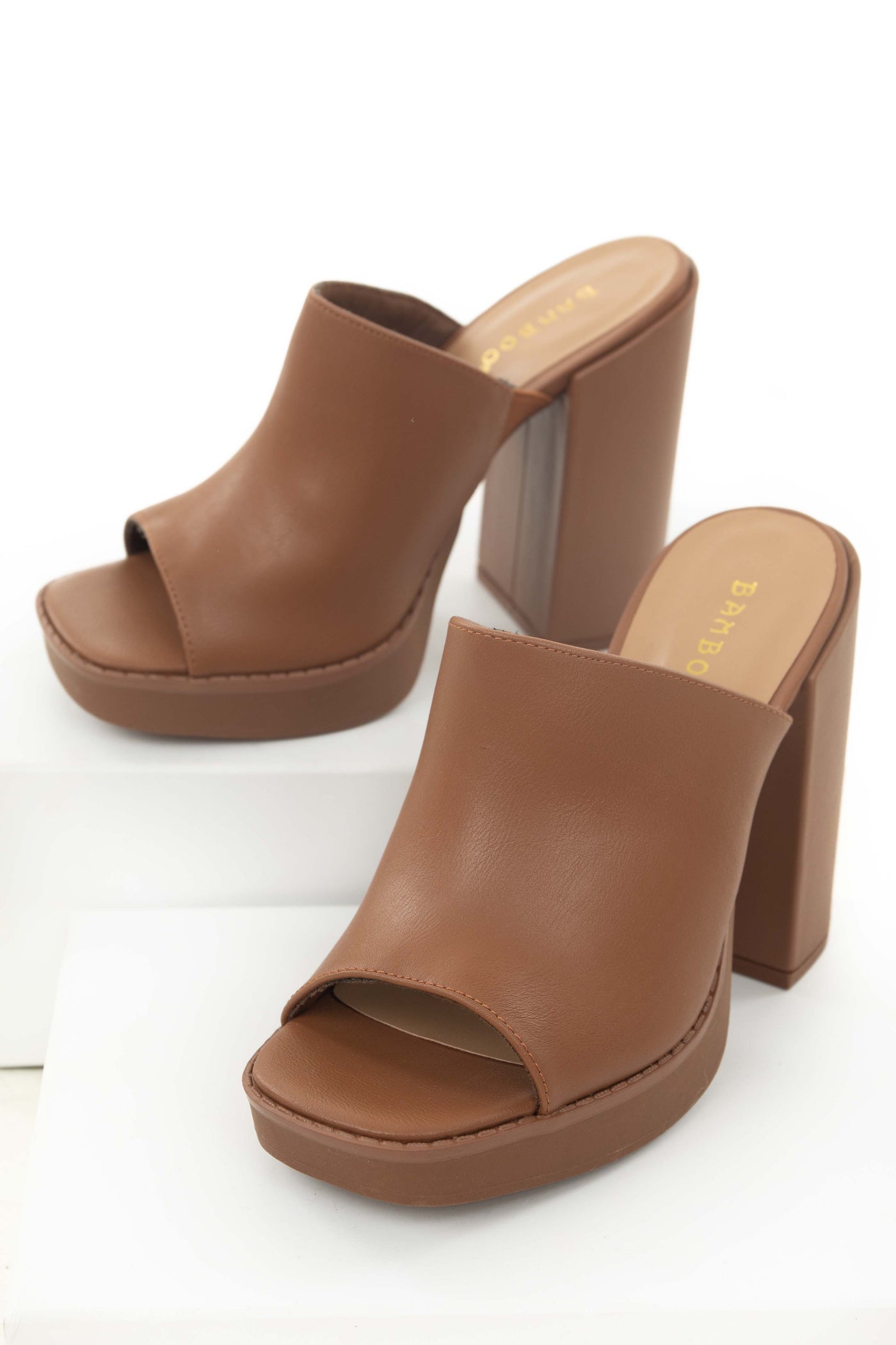 Cognac Faux Leather High Heel Platform Mules