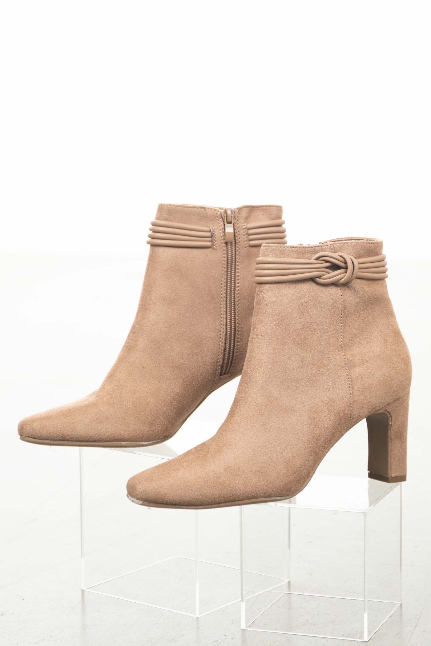 Cognac Faux Suede Booties with Ankle Knot Detail