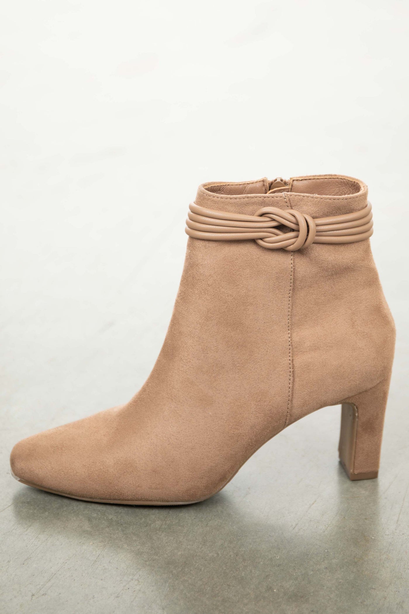 Cognac Faux Suede Booties with Ankle Knot Detail