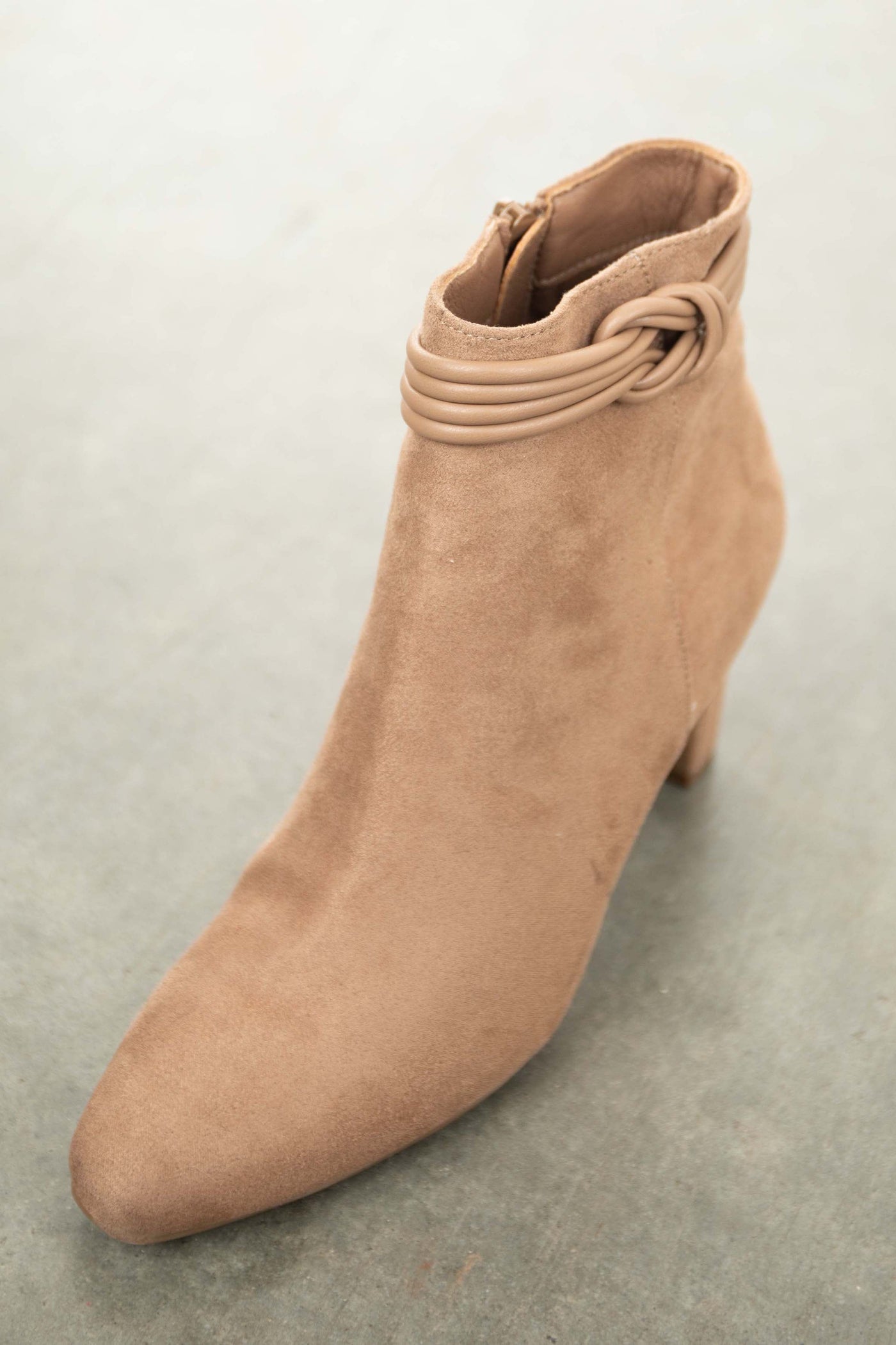 Cognac Faux Suede Booties with Ankle Knot Detail