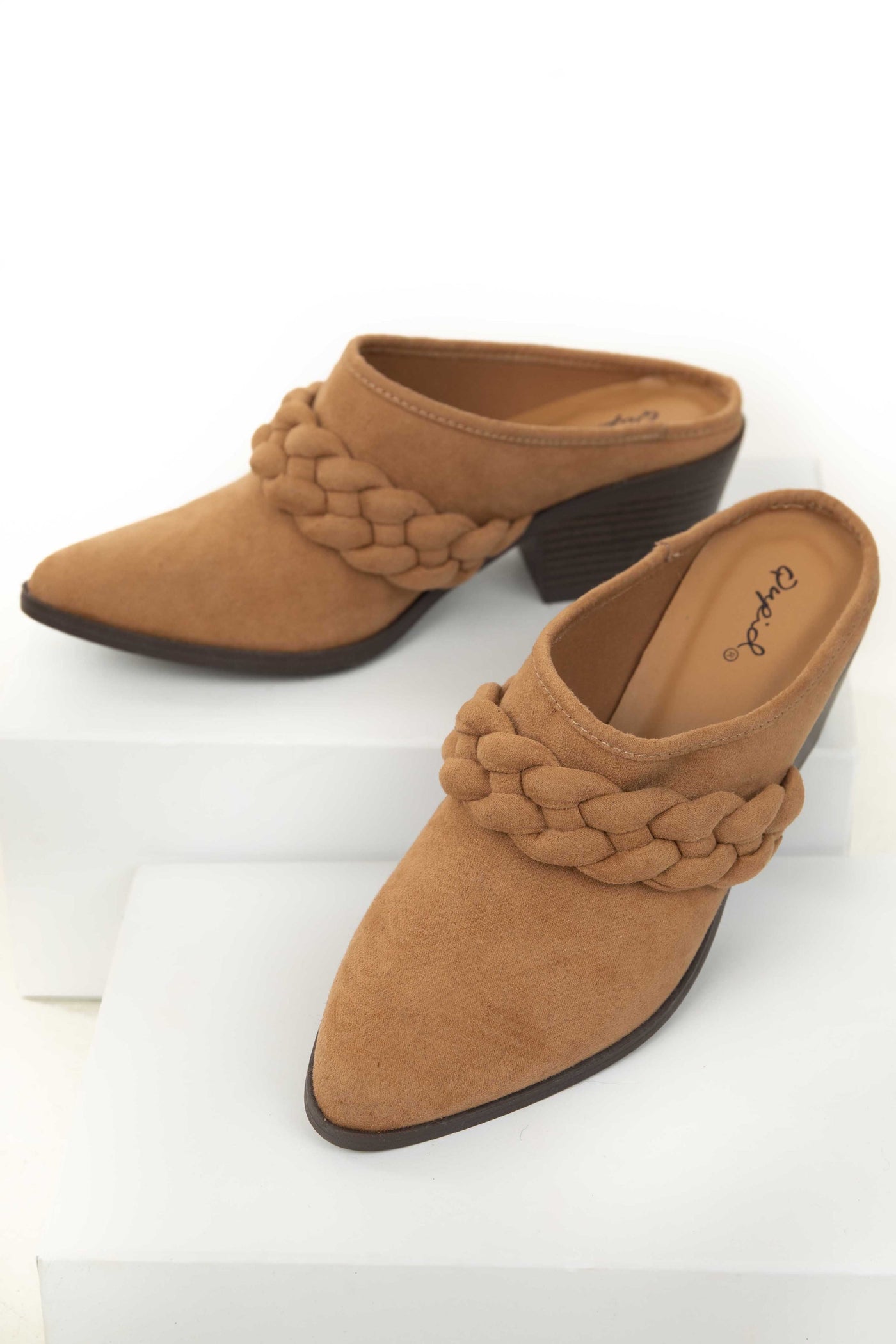 Cognac Faux Suede Slip On Mules with Braid Detail