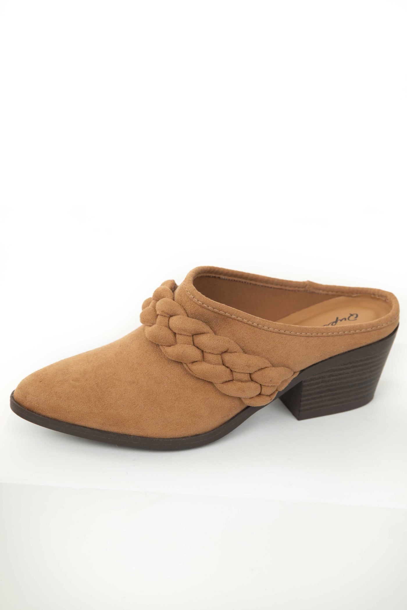 Cognac Faux Suede Slip On Mules with Braid Detail