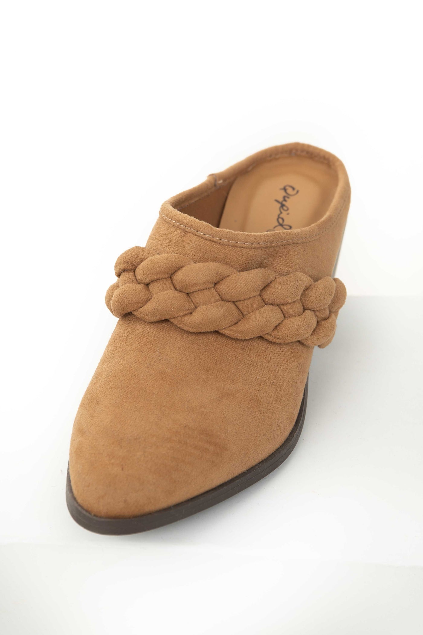 Cognac Faux Suede Slip On Mules with Braid Detail