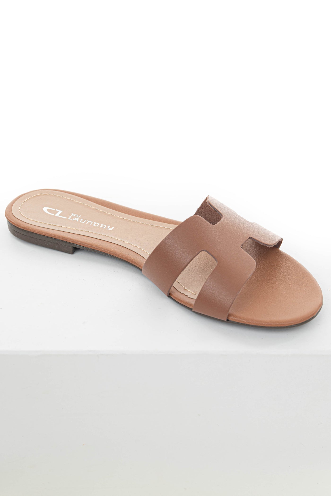 Cognac Leather Geometric Strap Flat Sandals