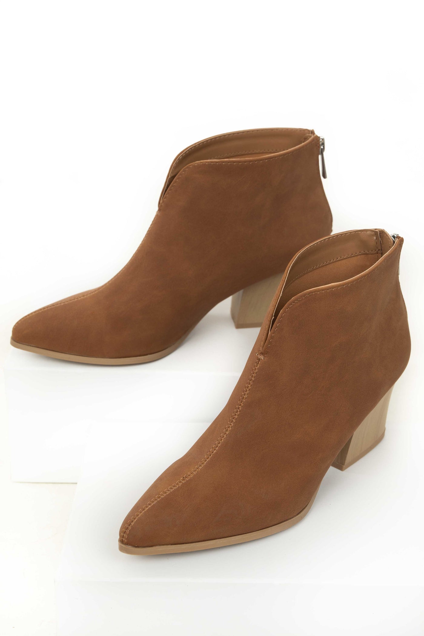 Cognac Nubuck Pointed Toe Wooden Heel Booties
