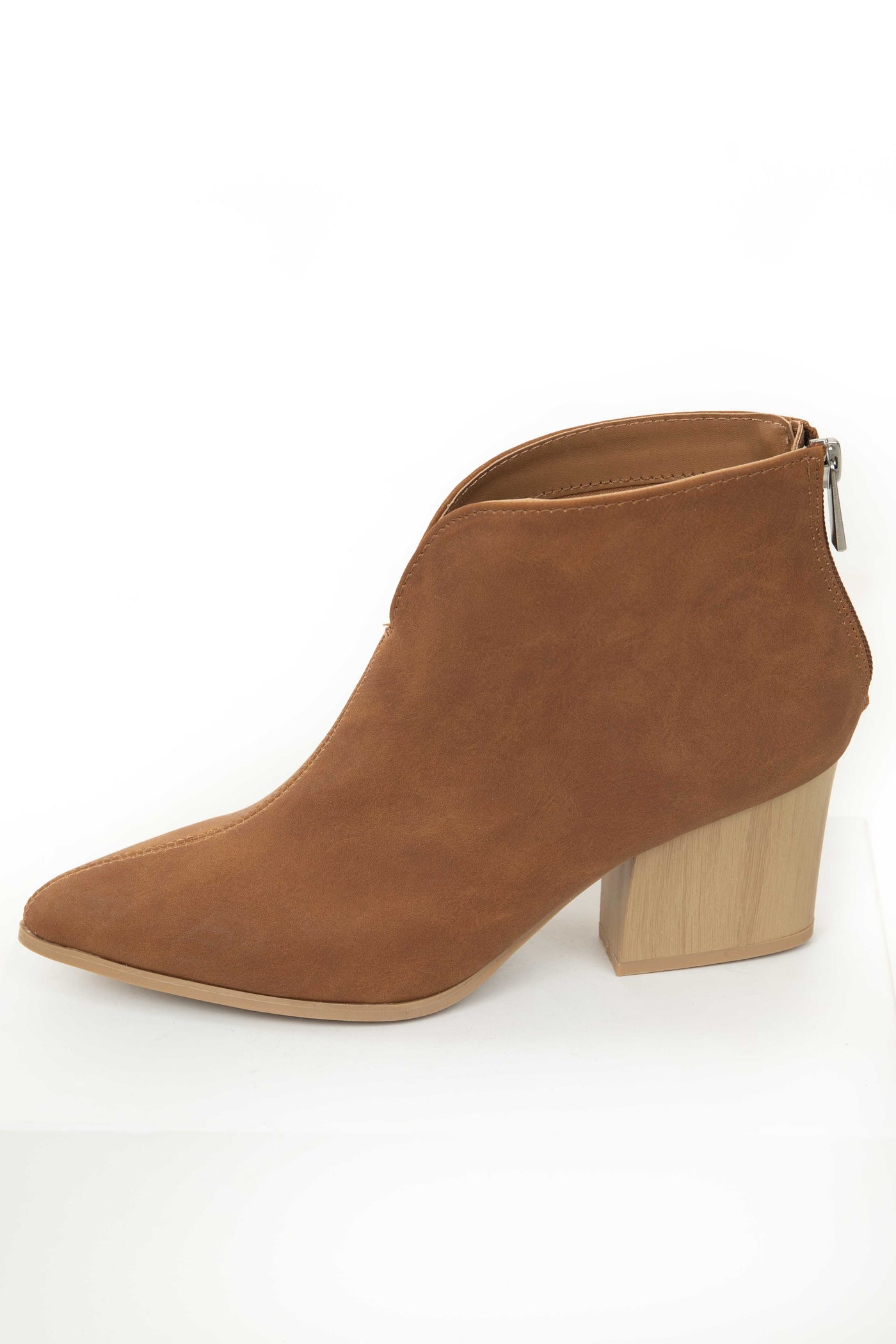 Cognac Nubuck Pointed Toe Wooden Heel Booties