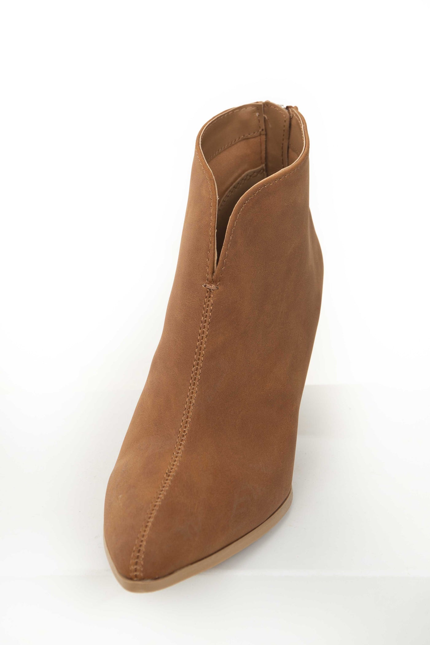 Cognac Nubuck Pointed Toe Wooden Heel Booties
