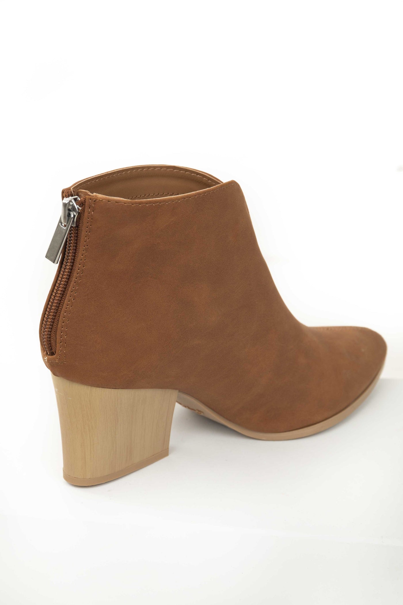 Cognac Nubuck Pointed Toe Wooden Heel Booties