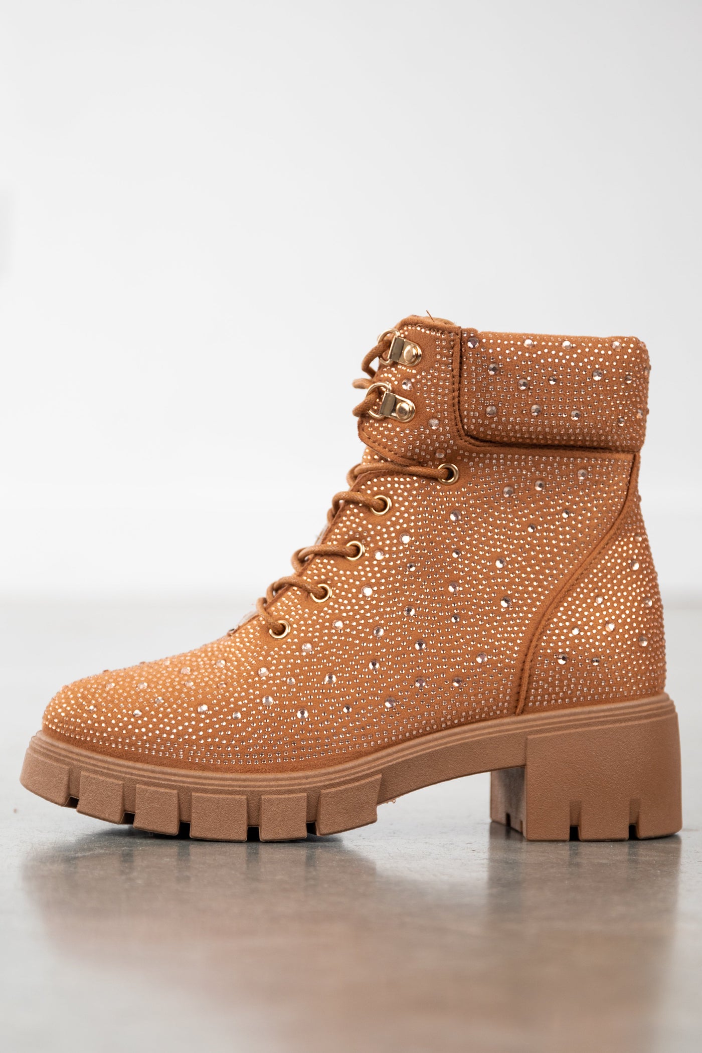 Cognac Rhinestone Studded Lace Up Lug Booties
