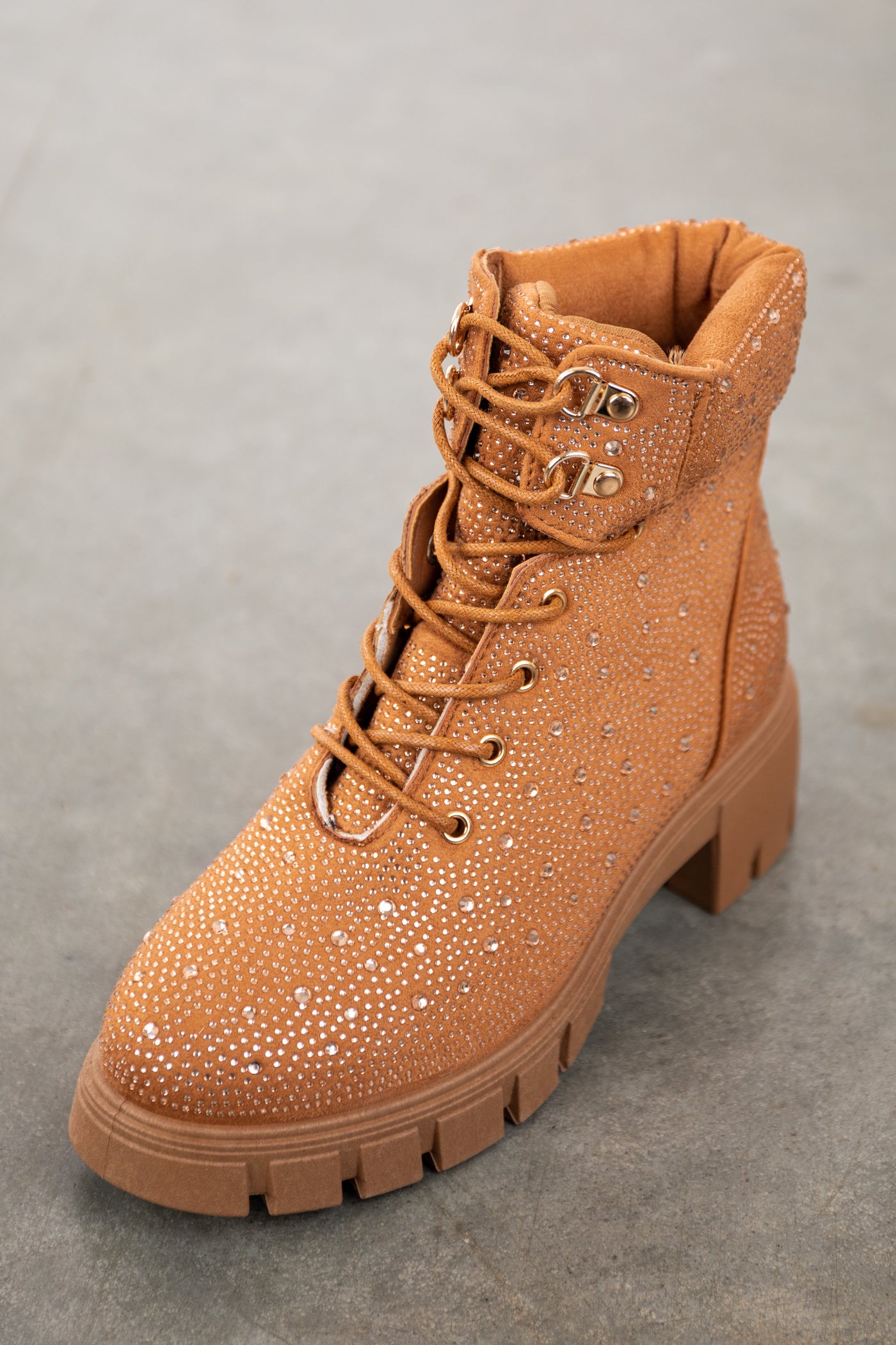 Cognac Rhinestone Studded Lace Up Lug Booties