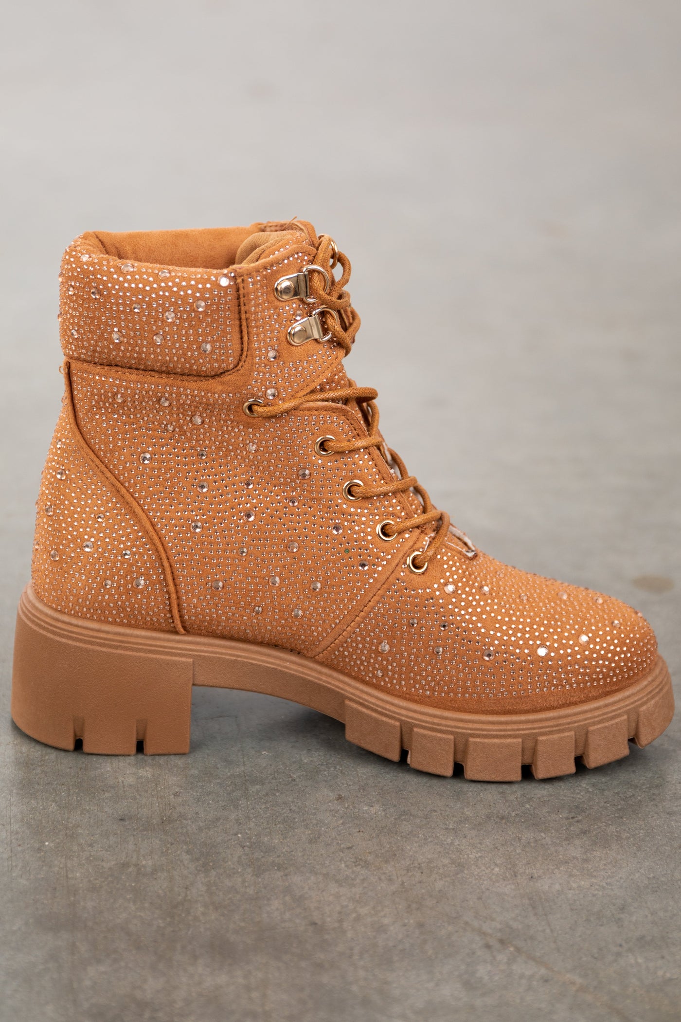 Cognac Rhinestone Studded Lace Up Lug Booties