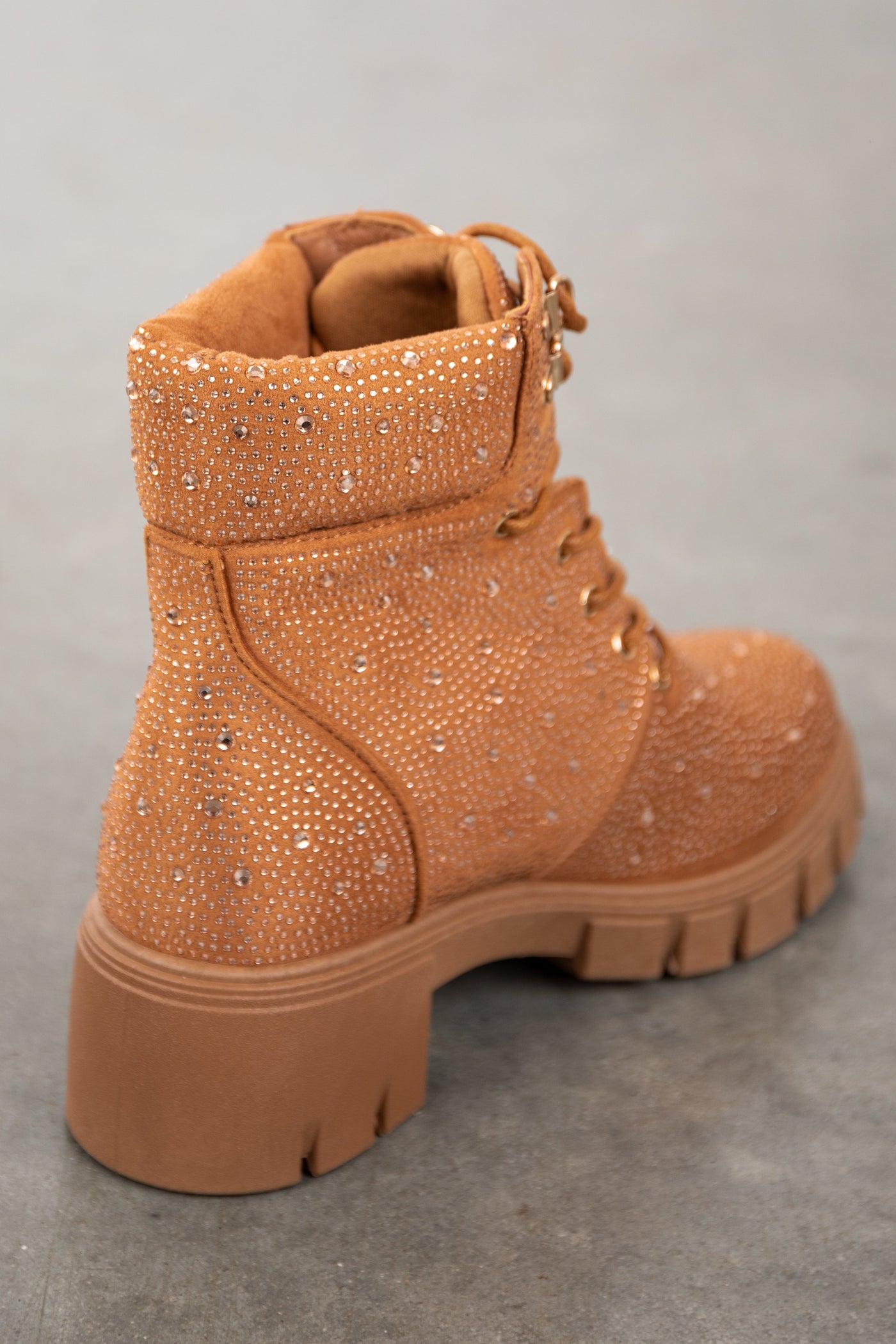 Cognac Rhinestone Studded Lace Up Lug Booties