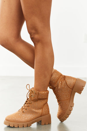 Cognac Rhinestone Studded Lace Up Lug Booties
