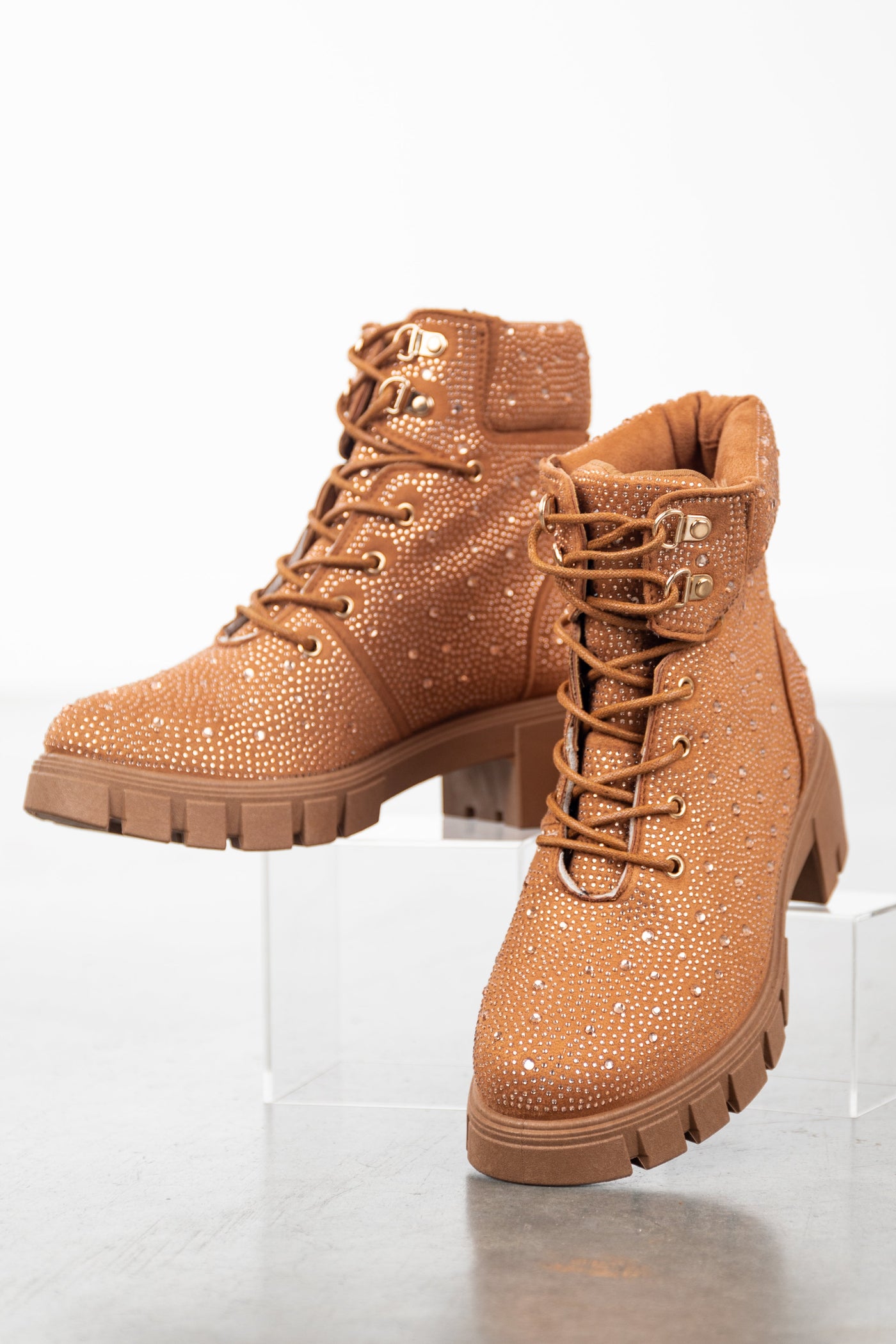 Cognac Rhinestone Studded Lace Up Lug Booties